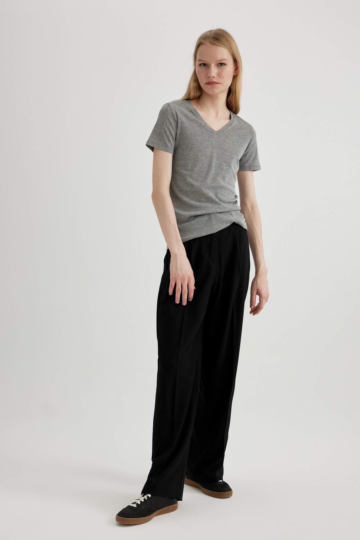 Slim Fit V Neck Ribbed Basic Short Sleeve T-Shirt