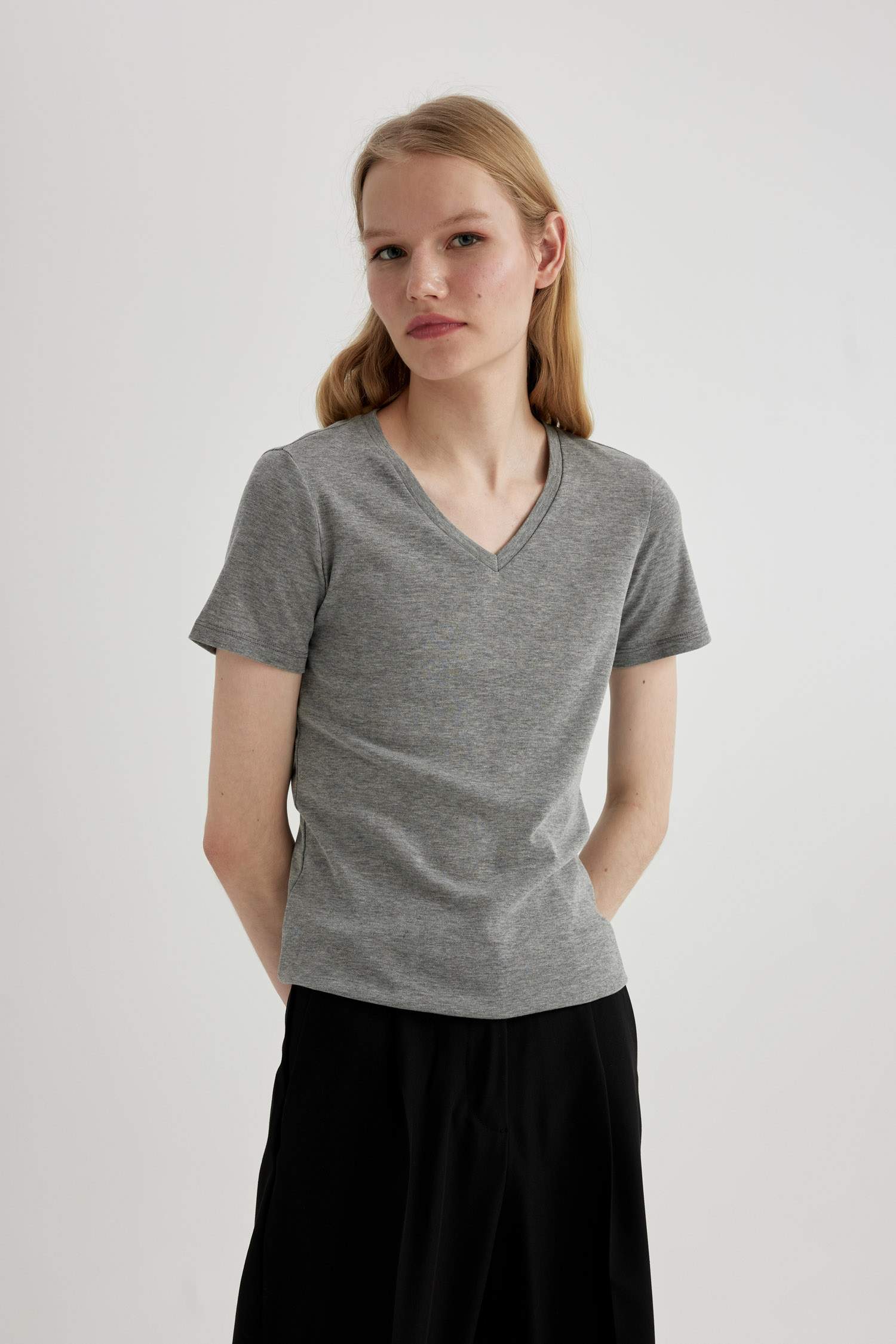 Slim Fit V Neck Ribbed Basic Short Sleeve T-Shirt