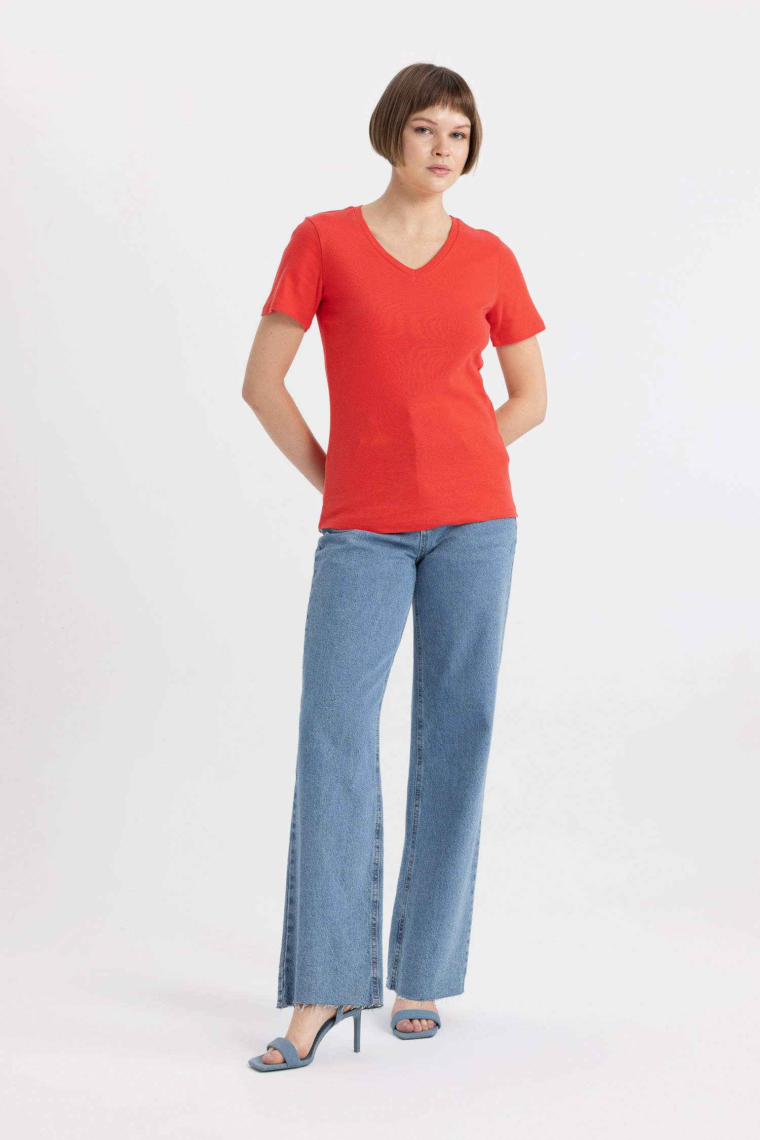 Slim Fit V Neck Ribbed Basic T-Shirt