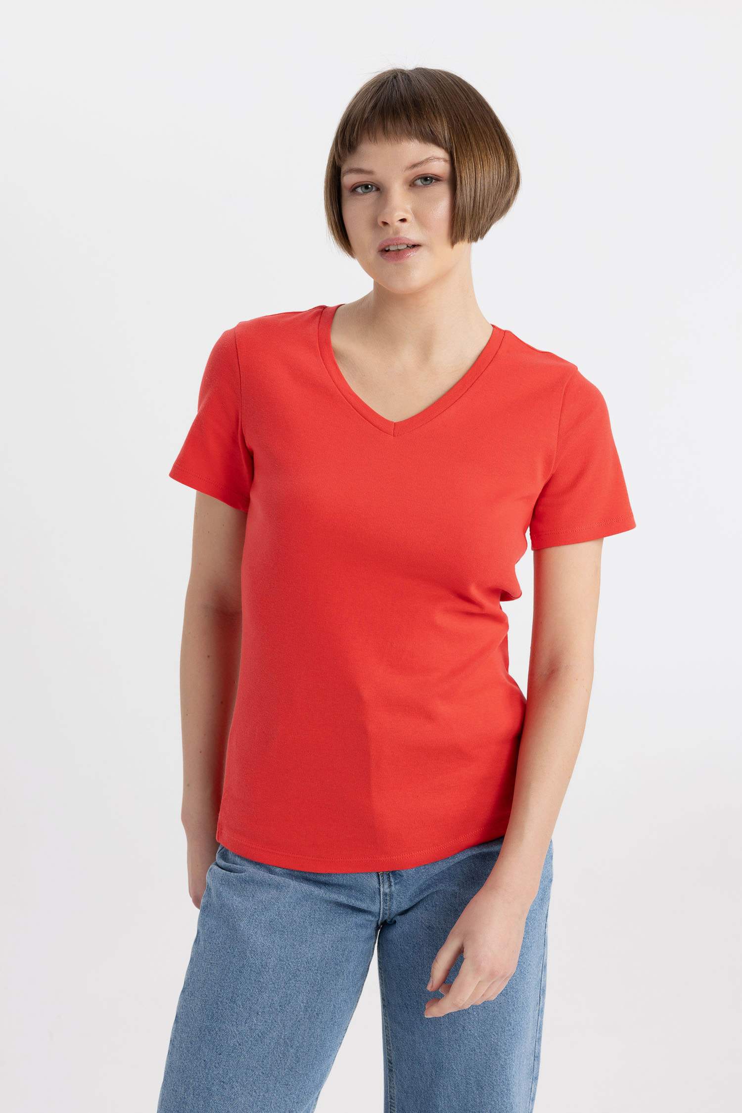Slim Fit V Neck Ribbed Basic T-Shirt
