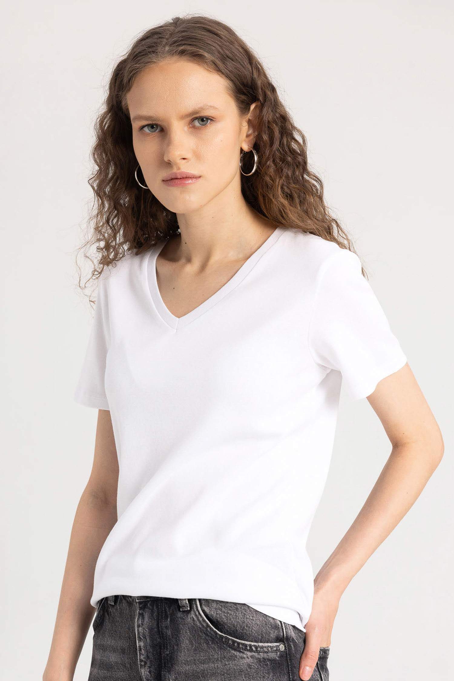 Slim Fit V Neck Ribbed Basic Short Sleeve T-Shirt