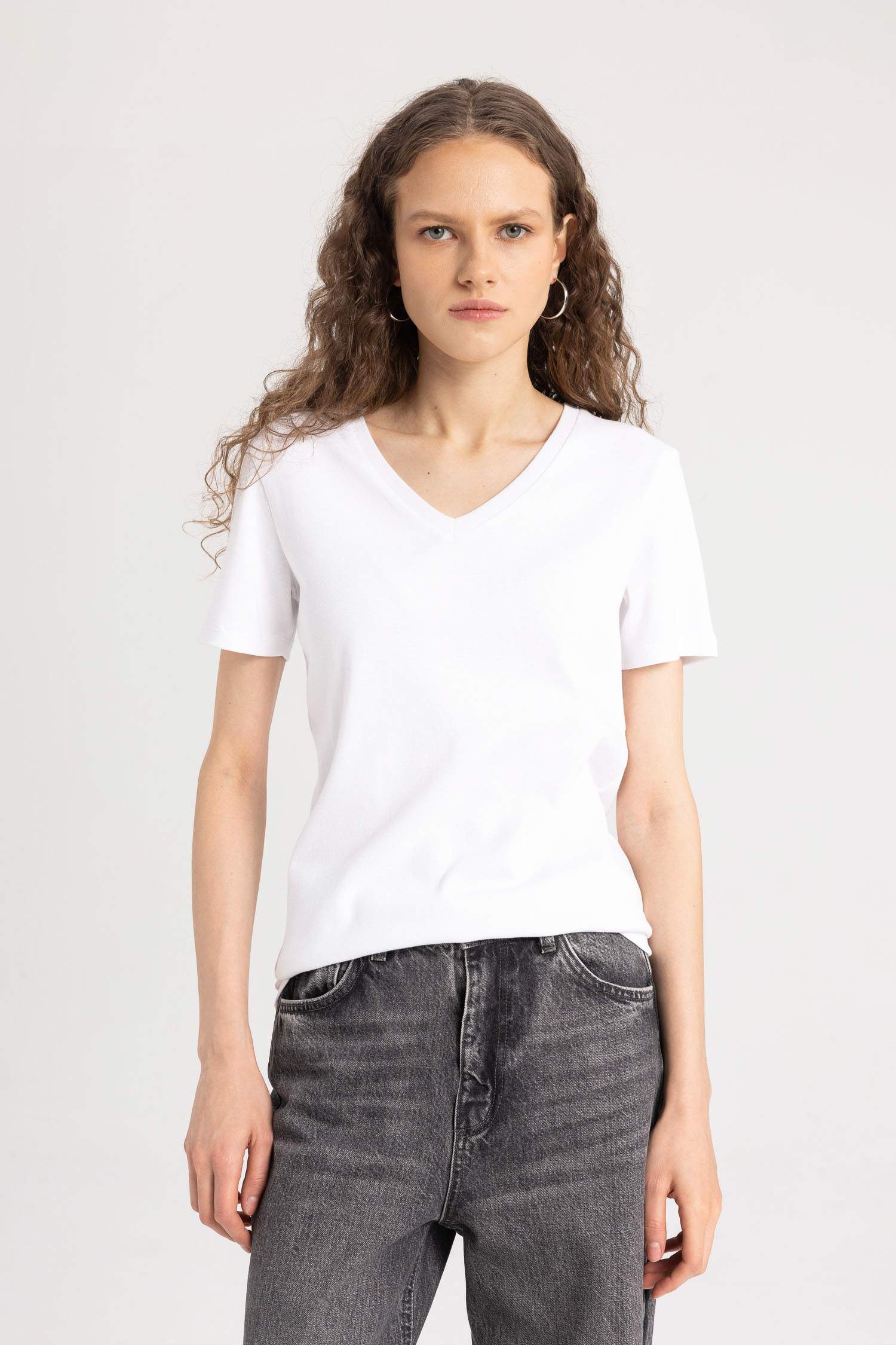 Slim Fit V Neck Ribbed Basic Short Sleeve T-Shirt