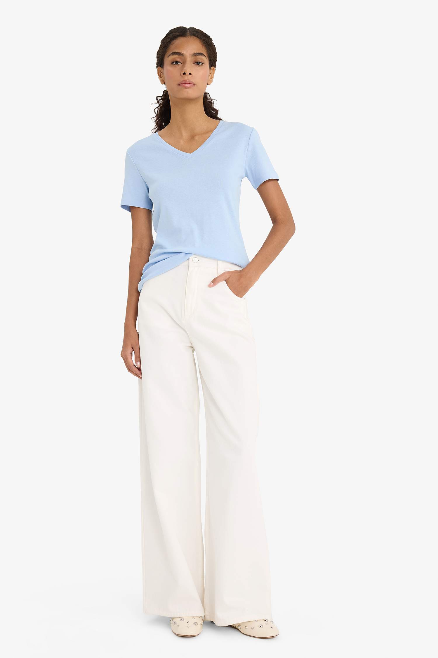 Slim Fit Dar Kesim V Yaka Basic Düz Ribana Kısa Kollu Tişört