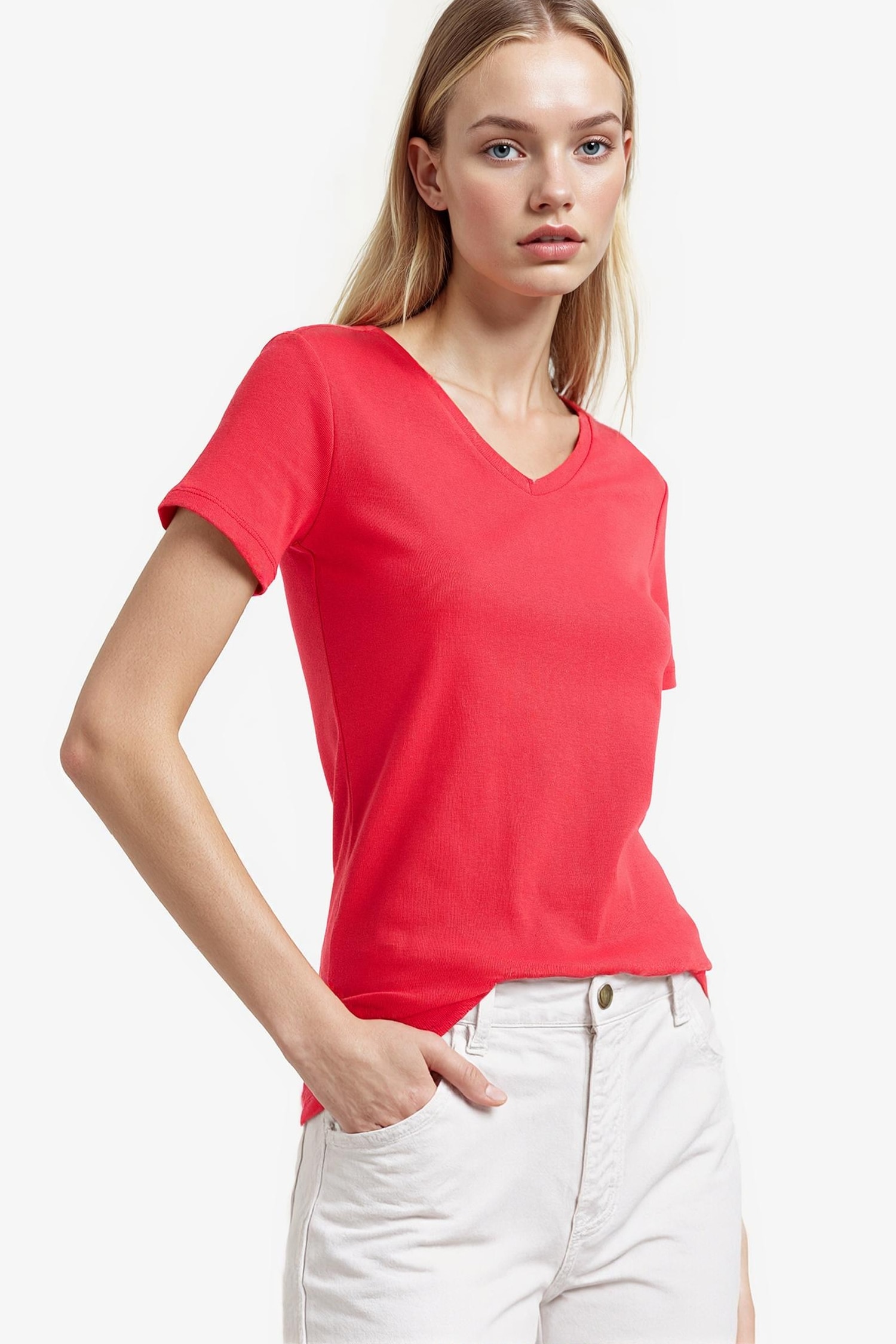 Slim Fit Dar Kesim V Yaka Basic Düz Ribana Kısa Kollu Tişört