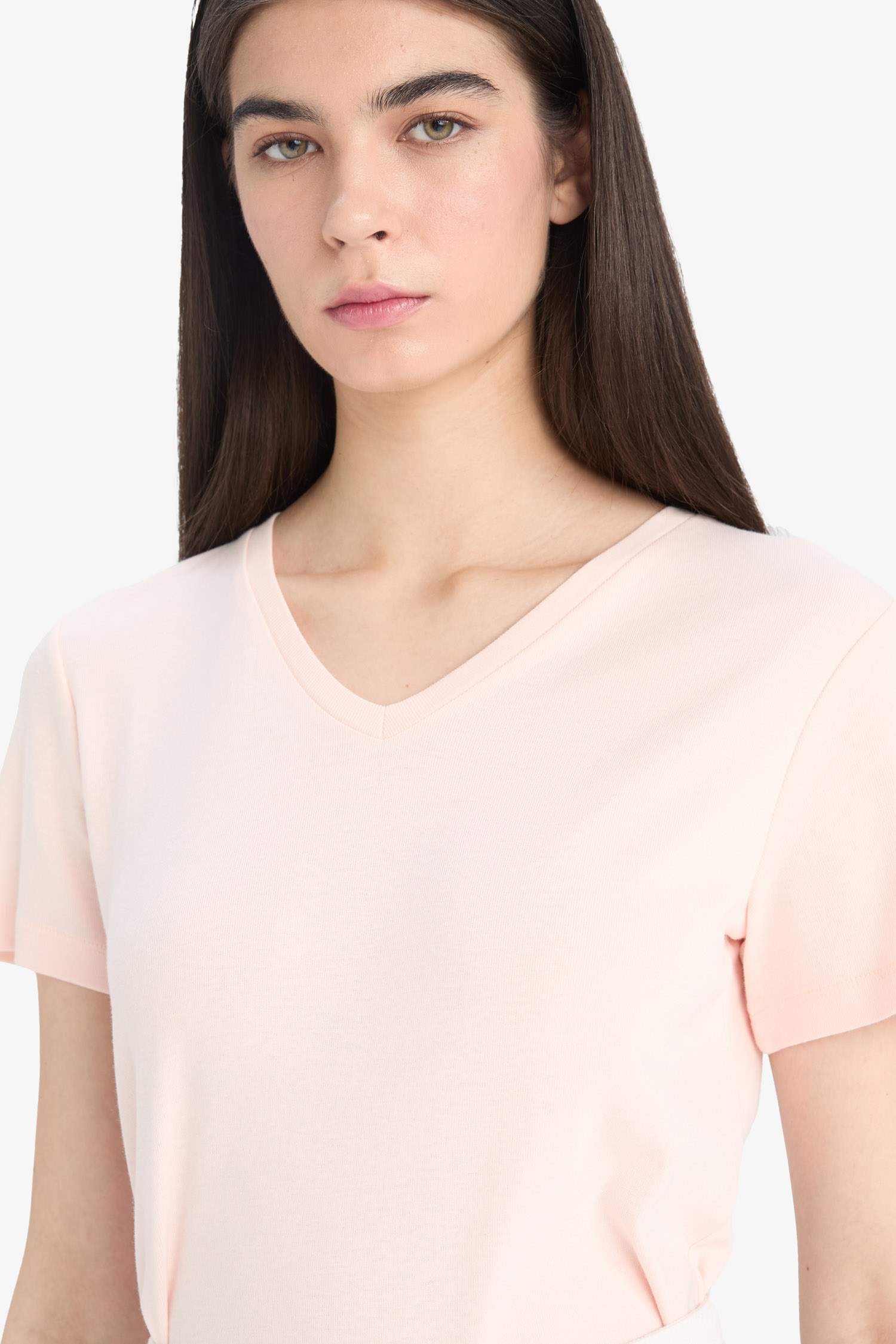 Slim Fit Dar Kesim V Yaka Basic Düz Ribana Kısa Kollu Tişört