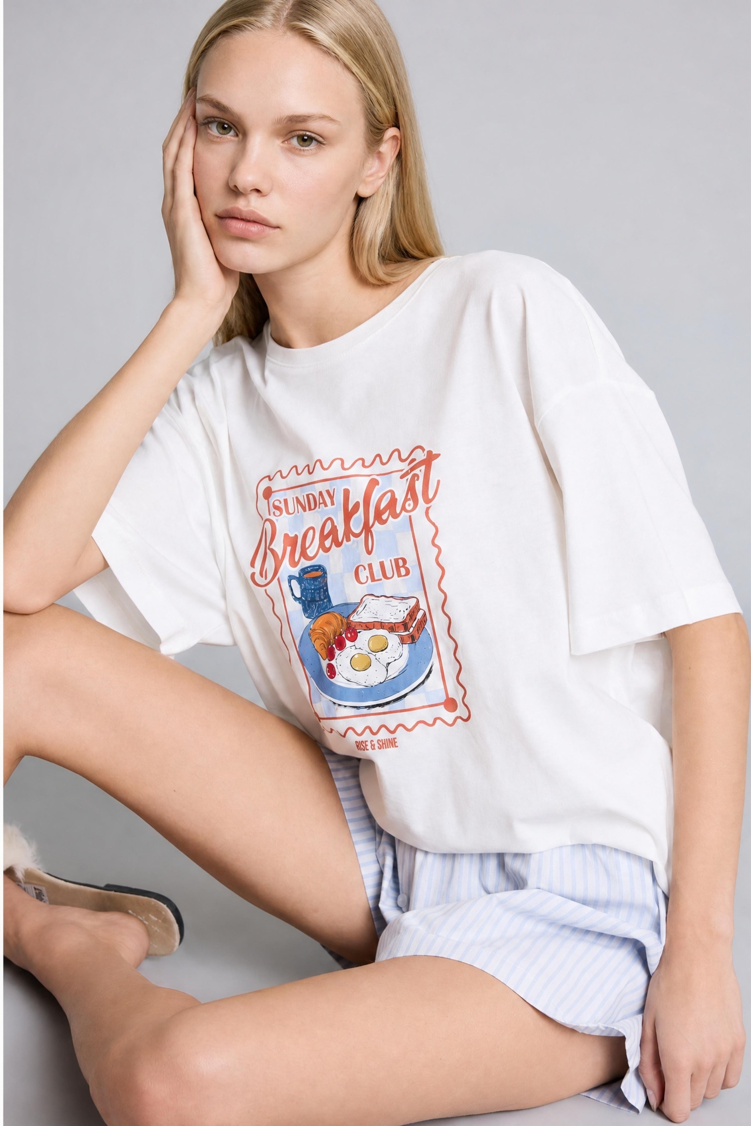 DeFacto Oversıze Şortlu Kısa Kollu Poplin Pijama Takımı görsel 3
