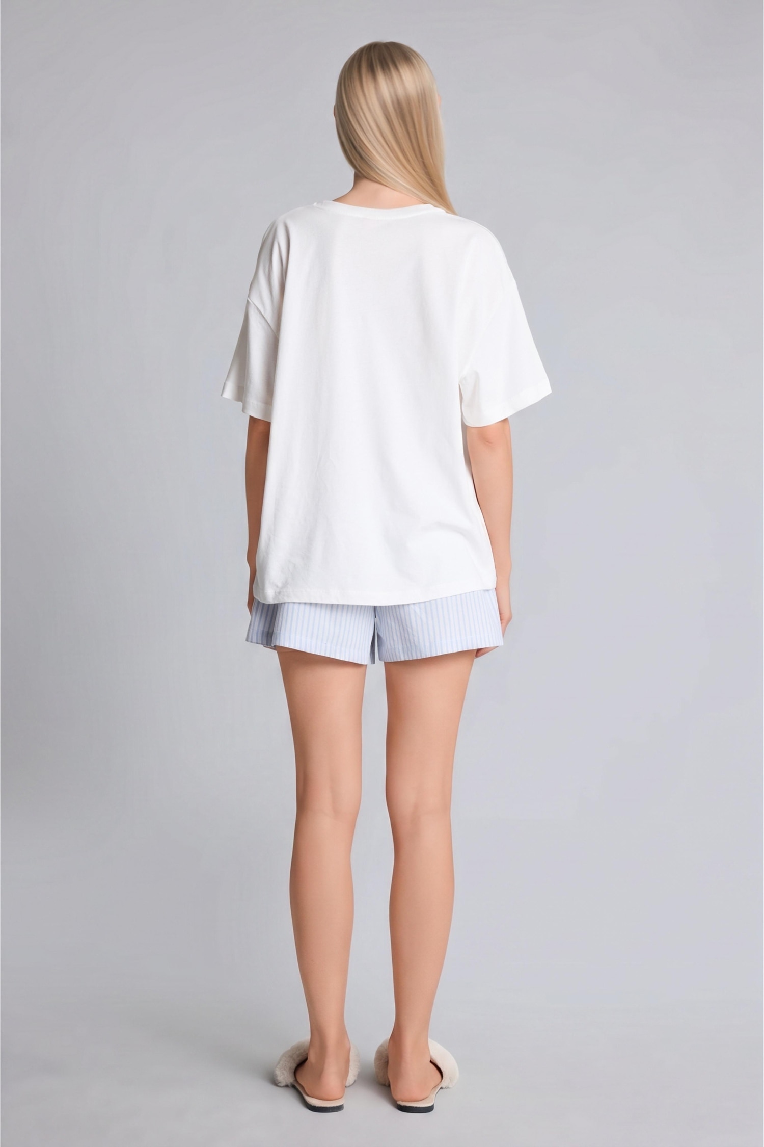 DeFacto Oversıze Şortlu Kısa Kollu Poplin Pijama Takımı görsel 6