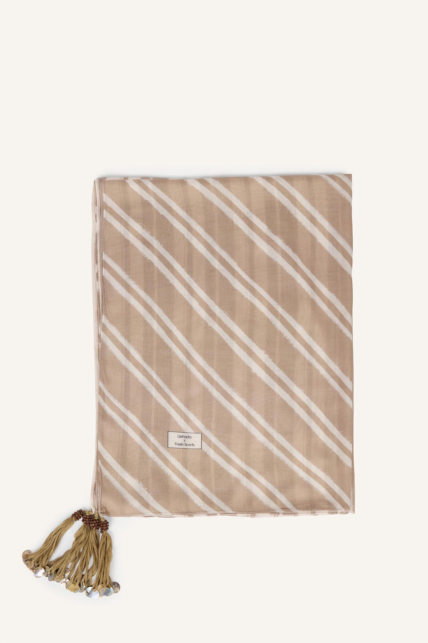 DeFacto Fresh Scarfs X DeFacto Summer Blocks Krem Viskon Püsküllü Şal görsel 7