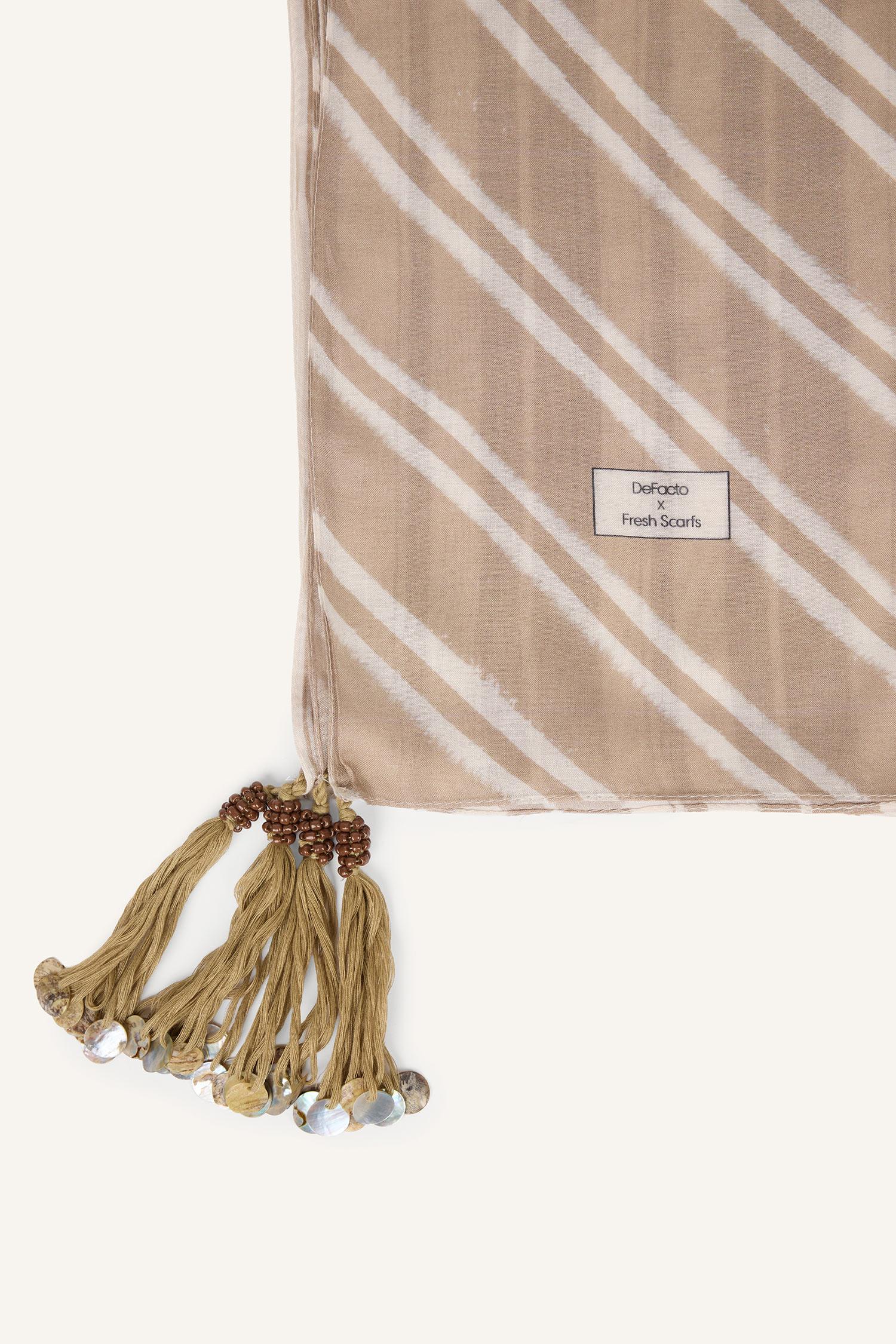 DeFacto Fresh Scarfs X DeFacto Summer Blocks Krem Viskon Püsküllü Şal görsel 8