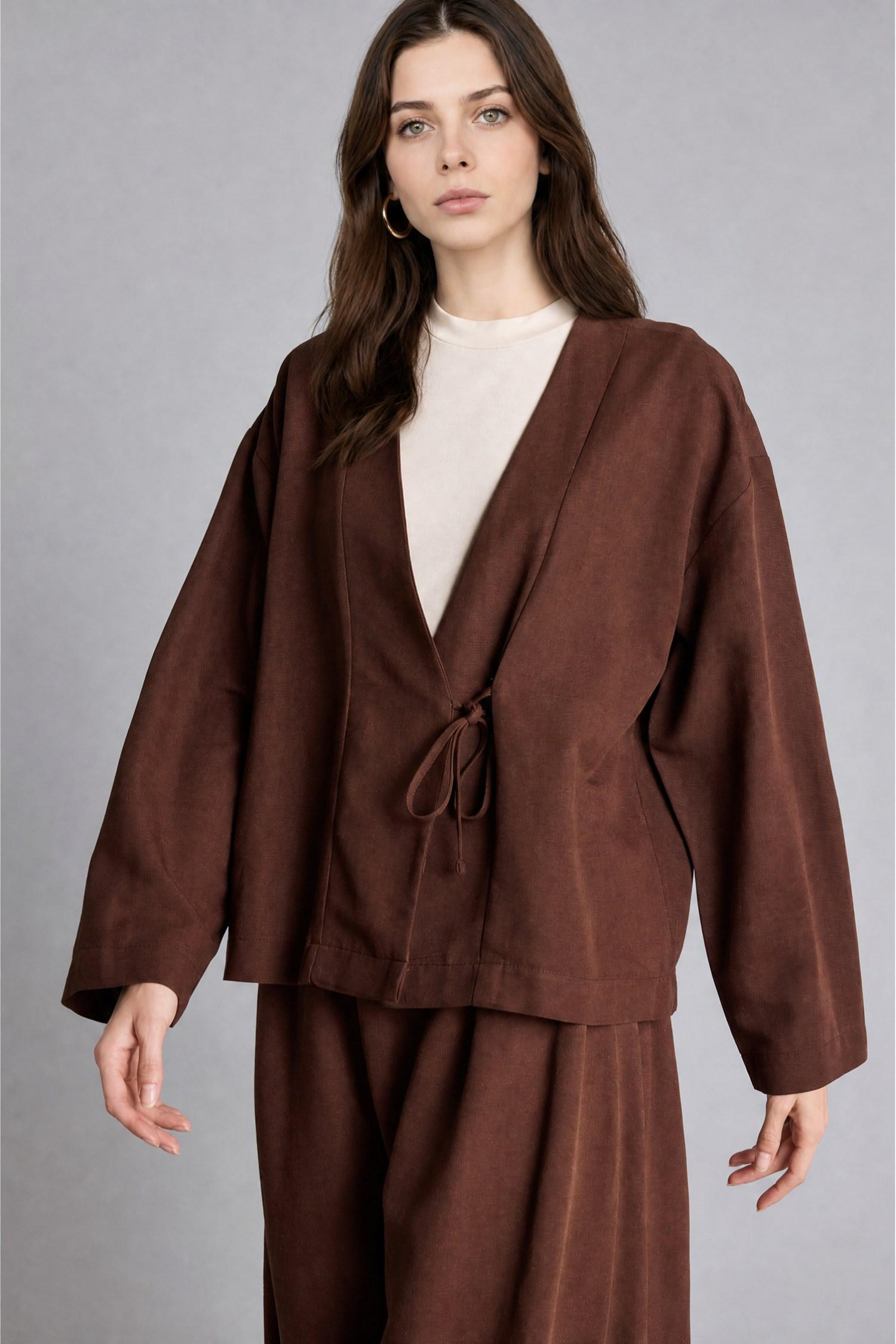 DeFacto Regular Fit Keten Karışımlı Kimono görsel 5