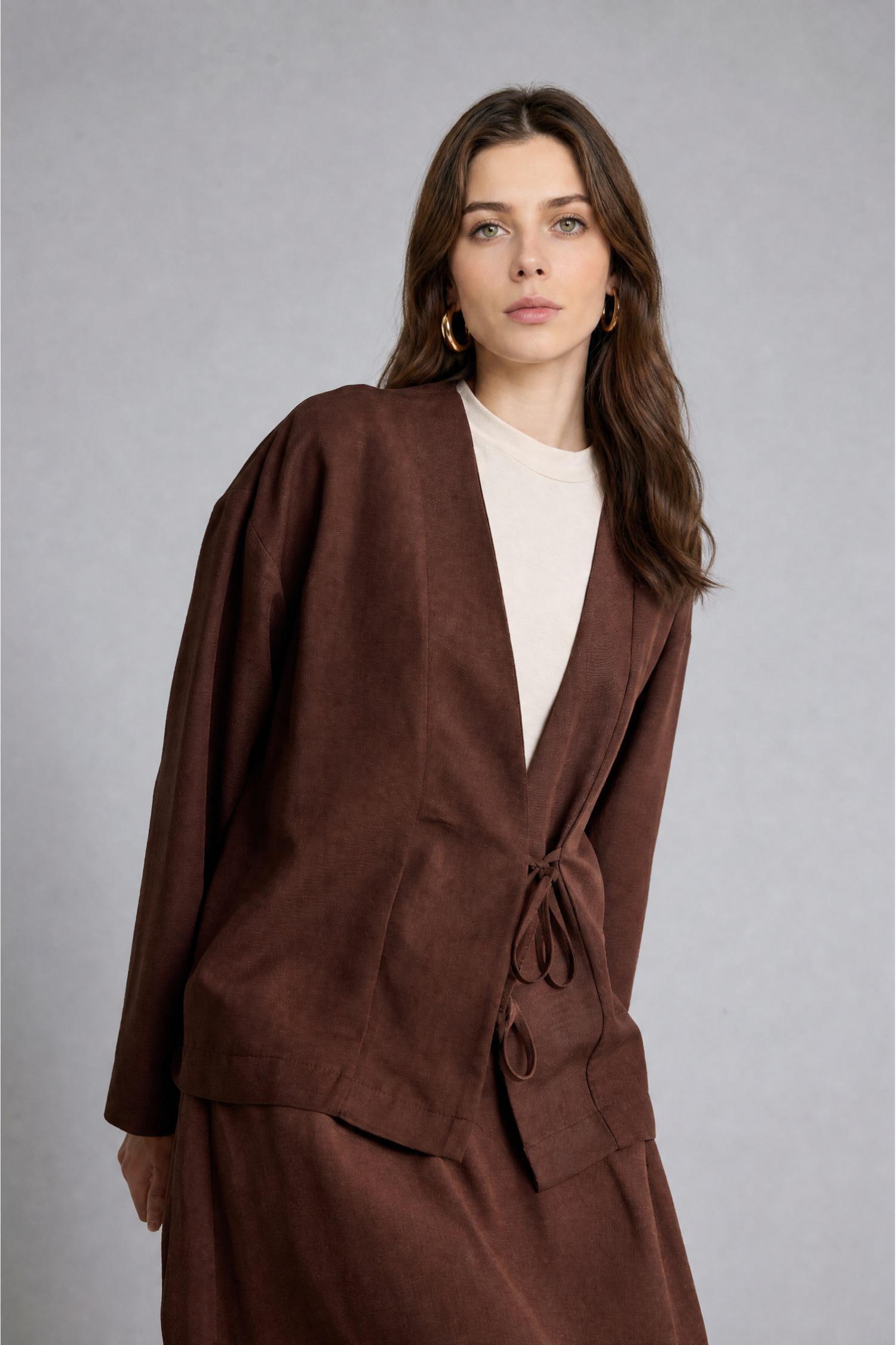 DeFacto Regular Fit Keten Karışımlı Kimono görsel 6