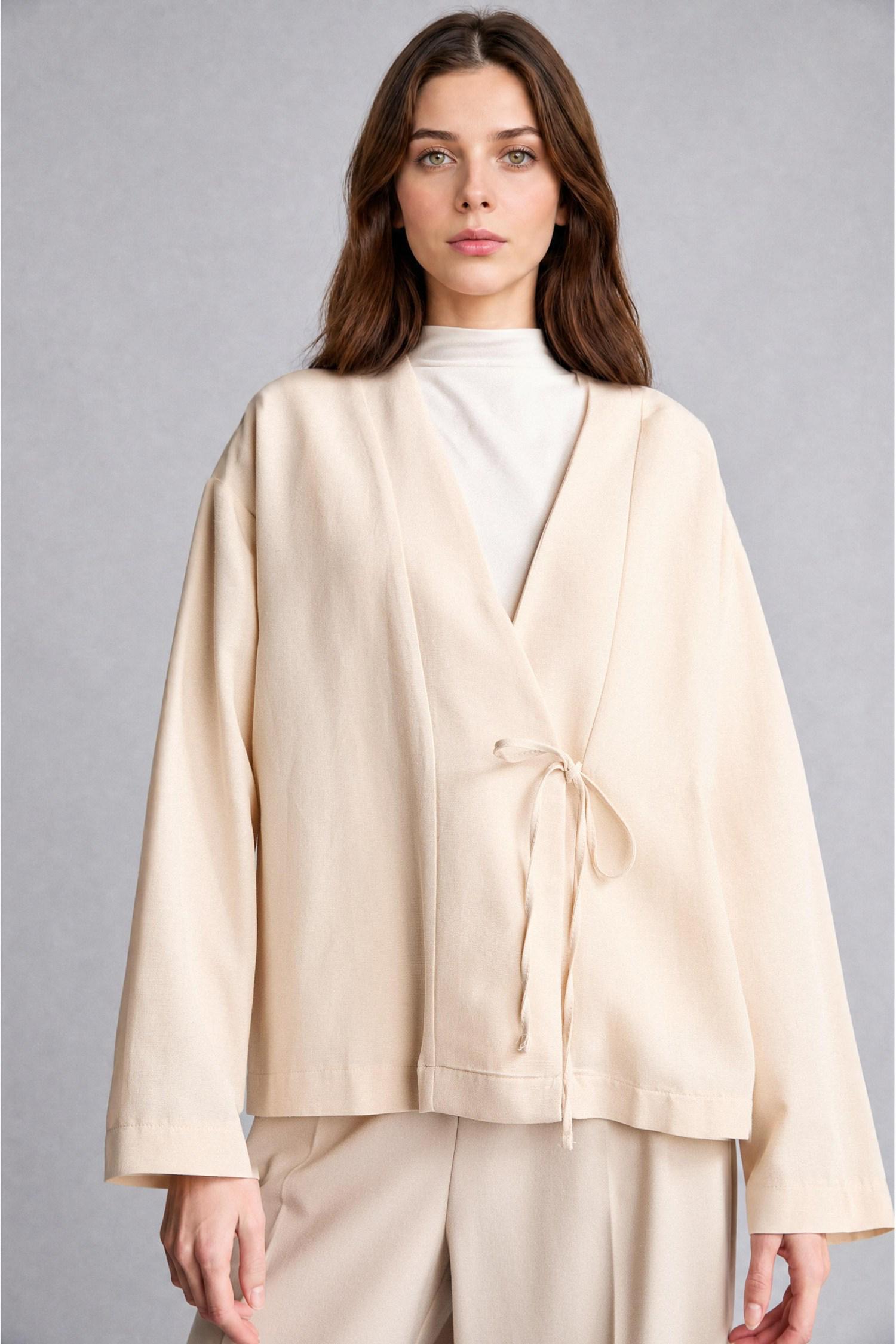 Ekru Kadın Regular Fit Keten Karışımlı Kimono 3489825 | DeFacto