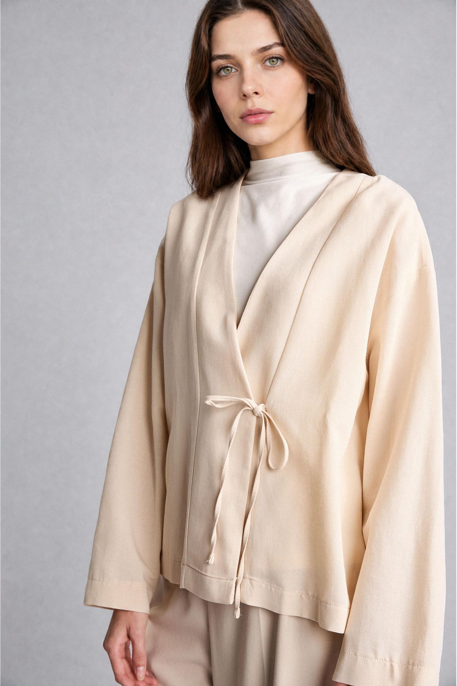 DeFacto Regular Fit Keten Karışımlı Kimono görsel 4