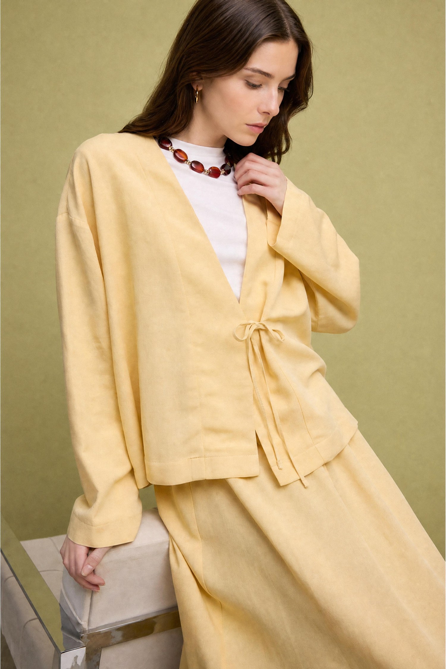 DeFacto Regular Fit Keten Karışımlı Kimono görsel 3