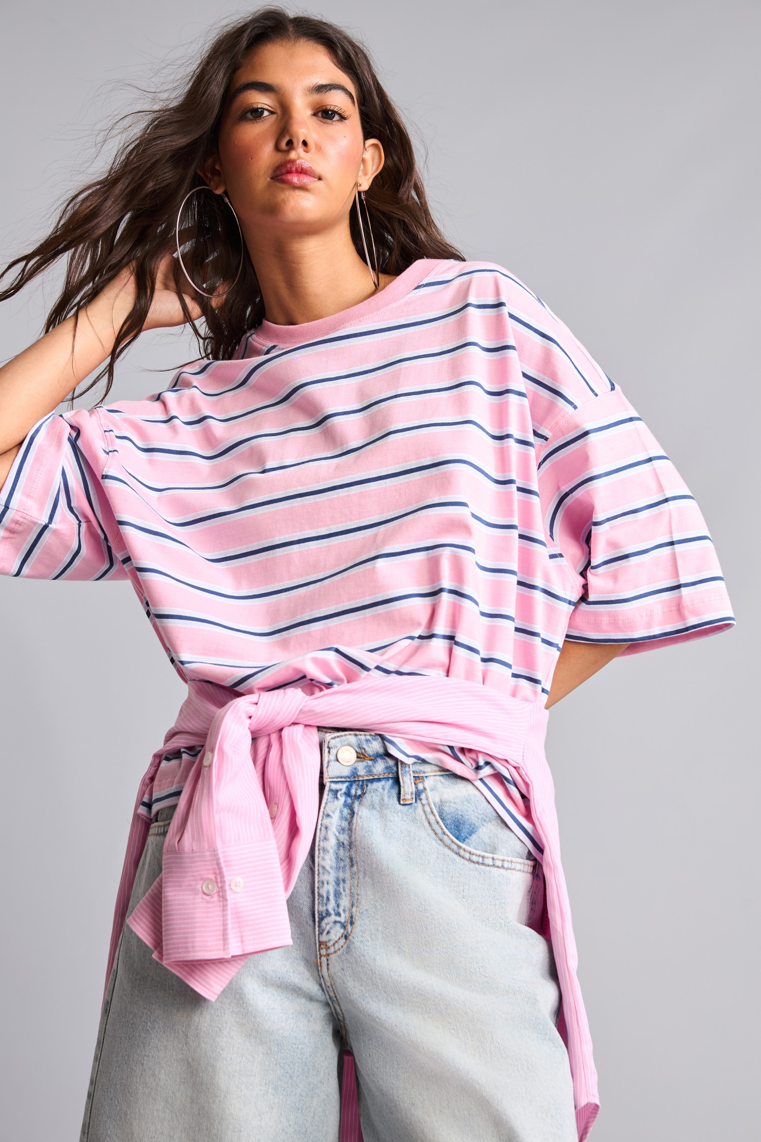 DeFacto %100 Pamuk Loose Fit Çizgili Tişört görsel 3