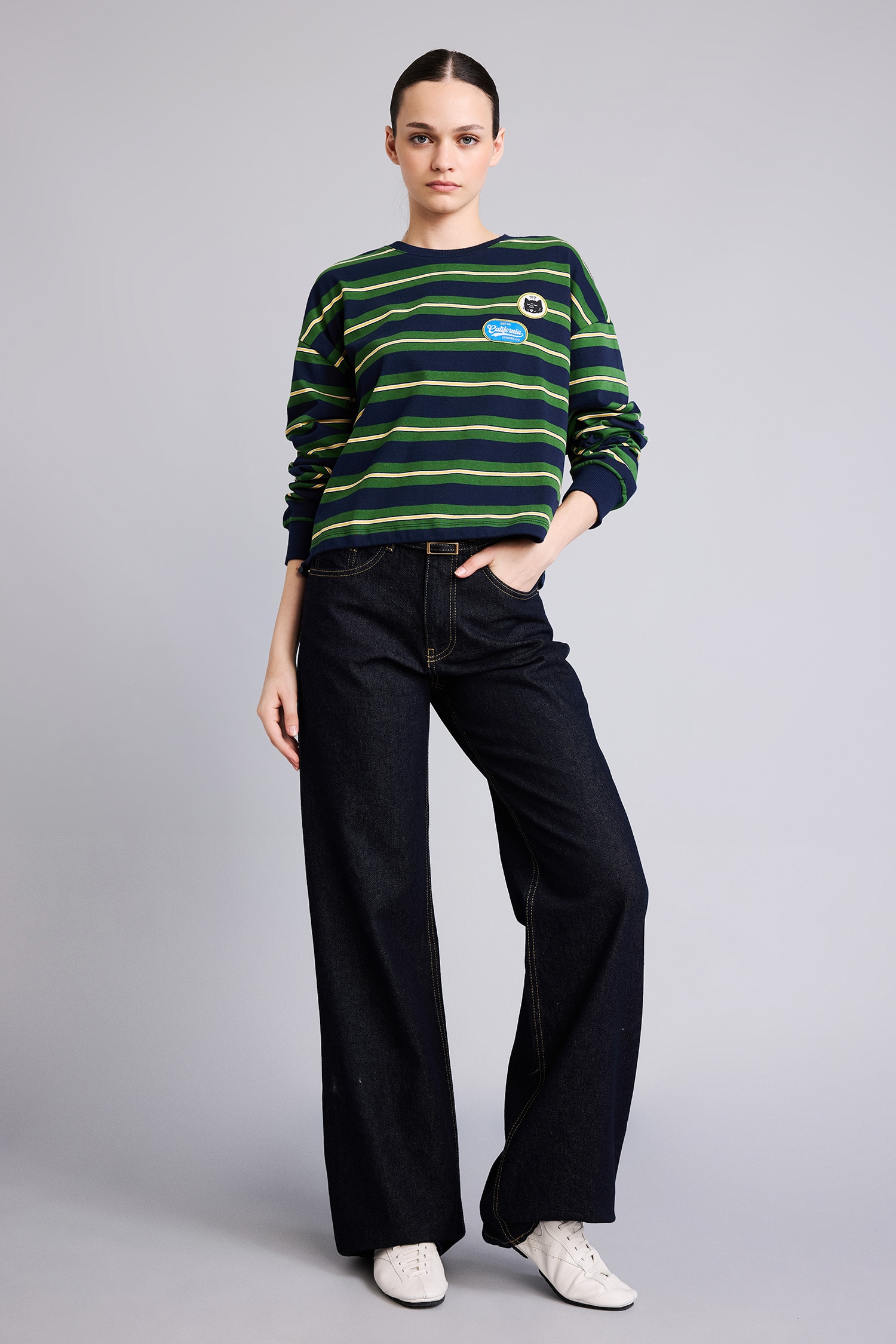DeFacto %100 Pamuk Loose Fıt Baskılı Çizgili Sweatshirt görsel 2