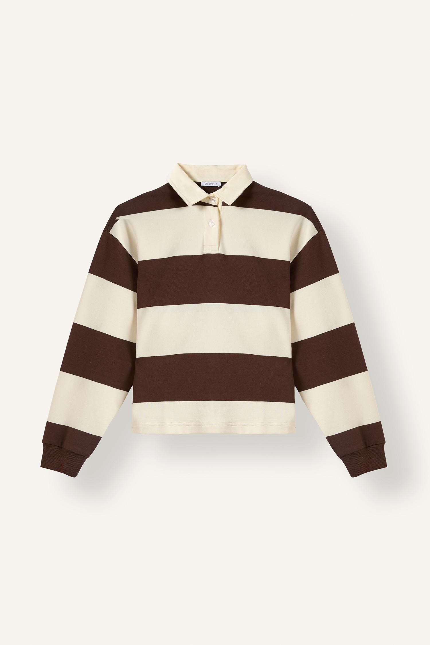DeFacto %100 Pamuk Long Fit Polo Yaka Çizgili Sweatshirt görsel 6