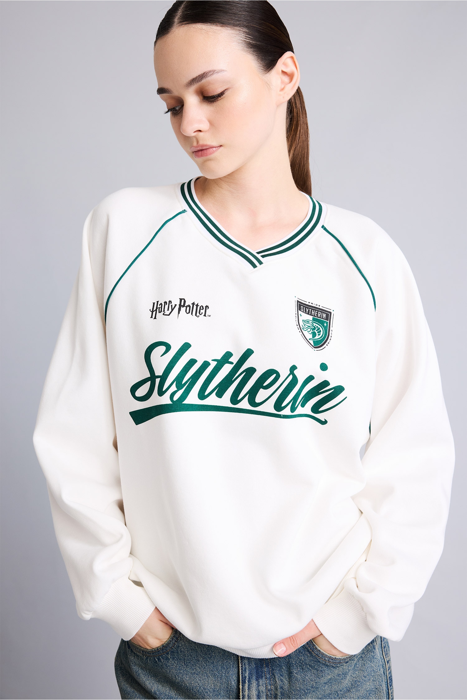 DeFacto Harry Potter Baskılı Oversize V Yaka Sweatshirt