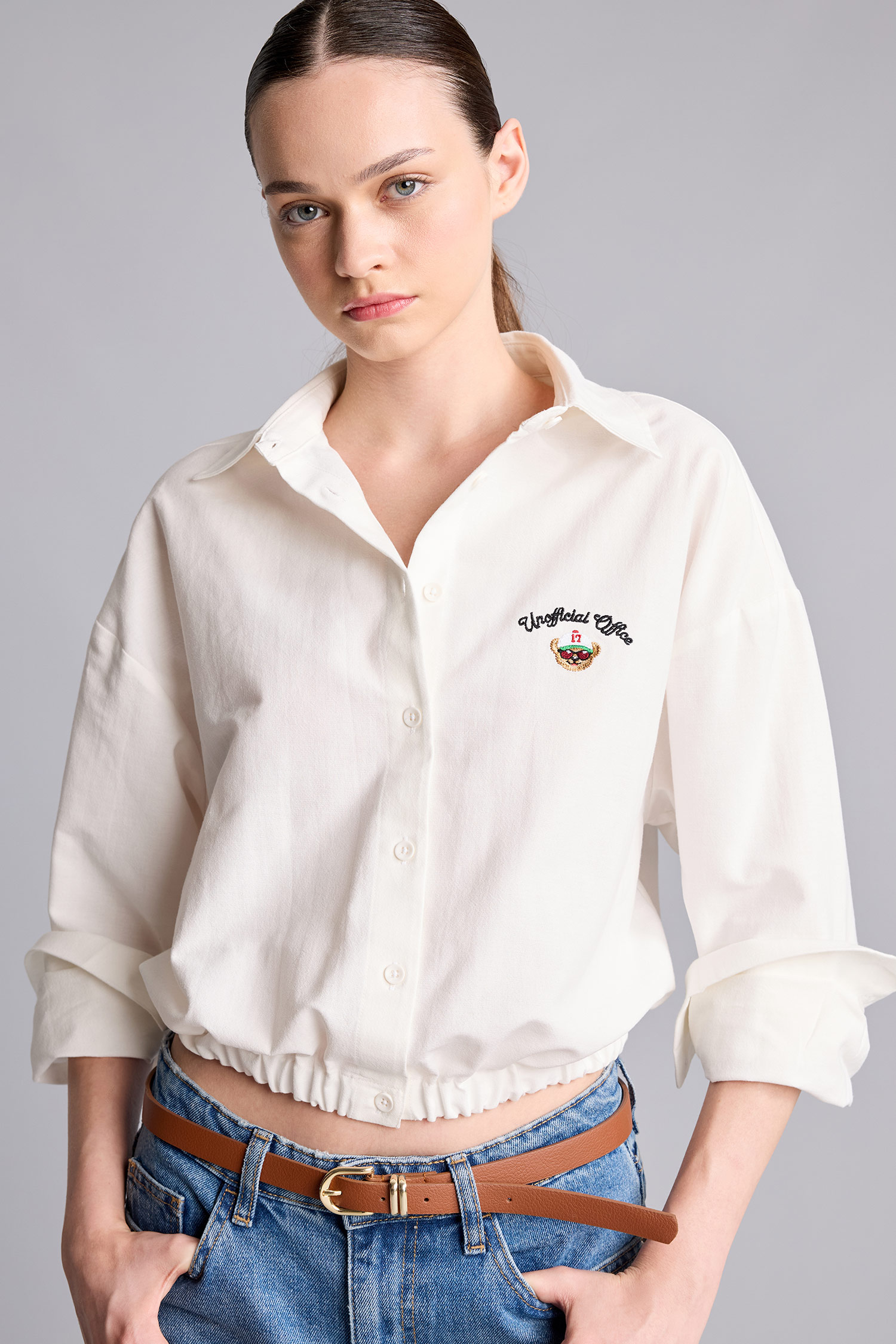 DeFacto %100 Pamuk Oversize İşlemeli Crop Gömlek