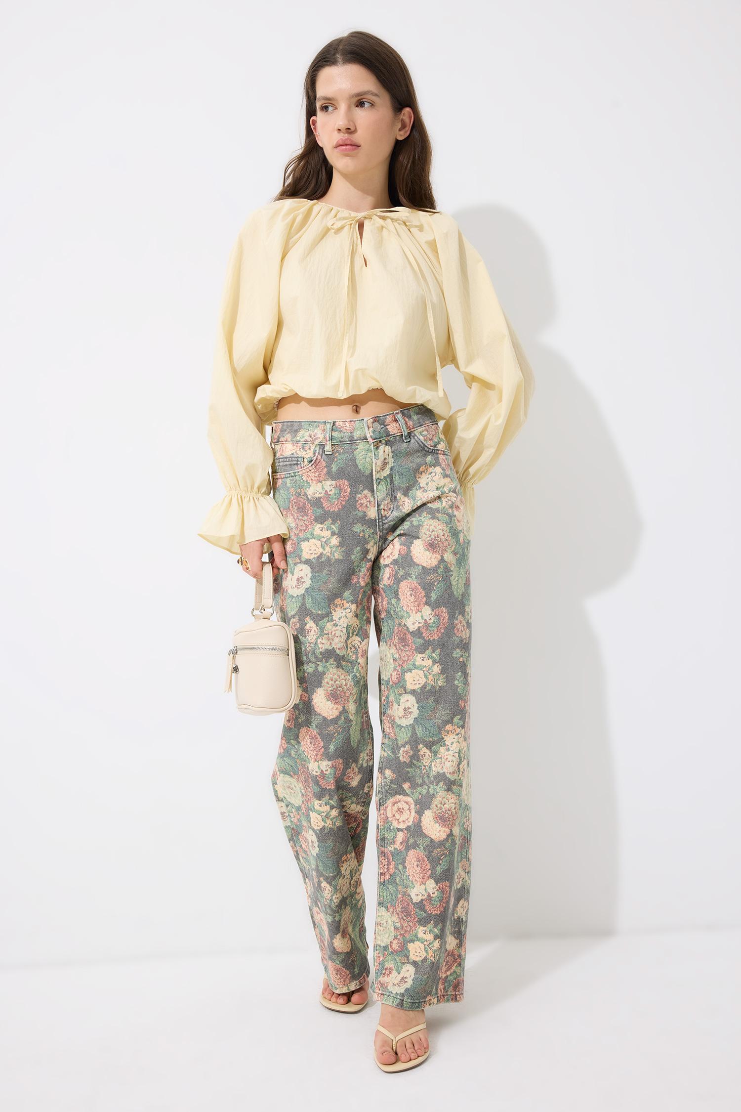 DeFacto %100 Pamuk Çiçekli Straight Fit Pantolon