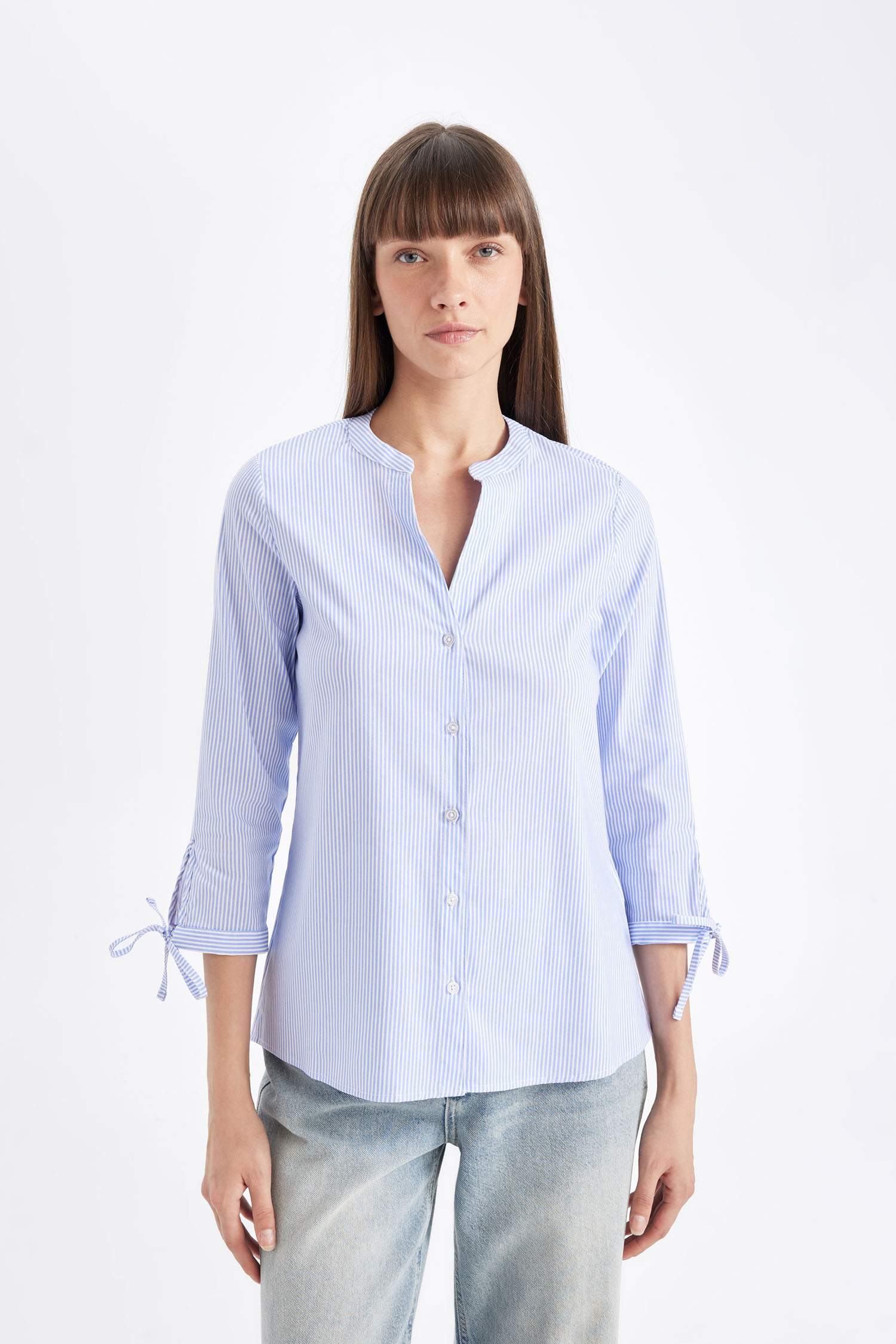 Regular Fit Çizgili Apaş Yaka Bengalin Yarım Kollu Gömlek