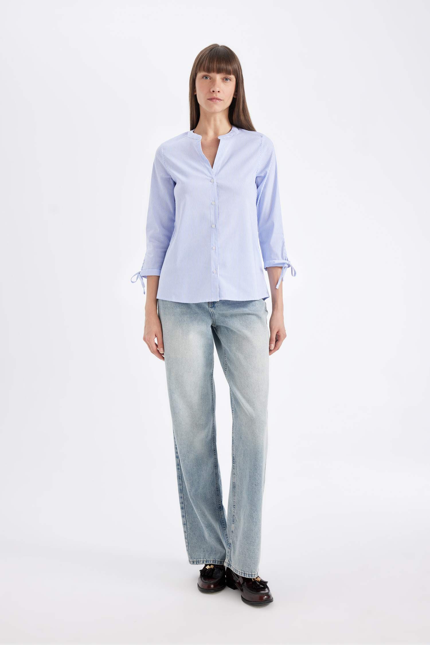 Regular Fit Çizgili Apaş Yaka Bengalin Yarım Kollu Gömlek