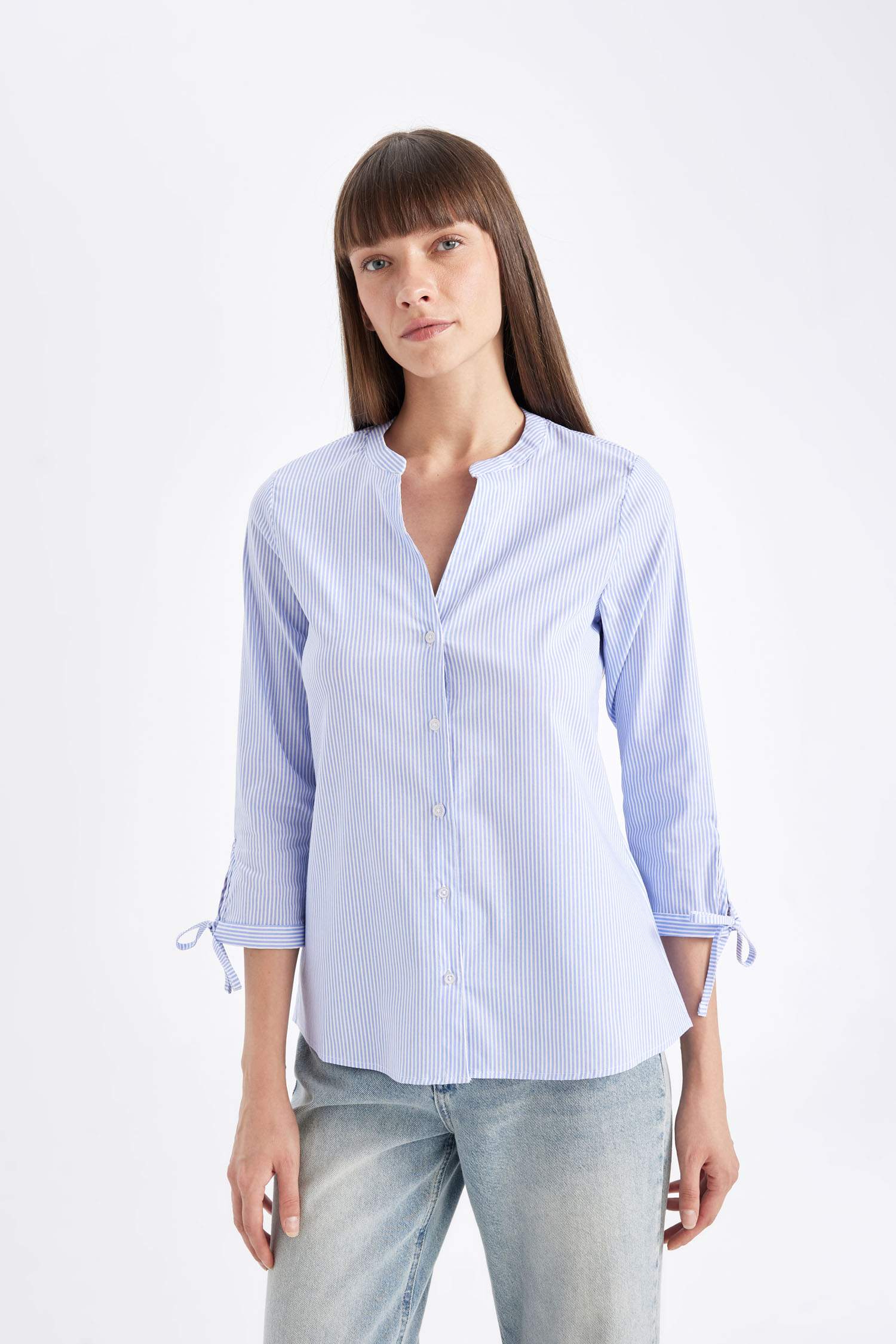 Regular Fit Çizgili Apaş Yaka Bengalin Yarım Kollu Gömlek