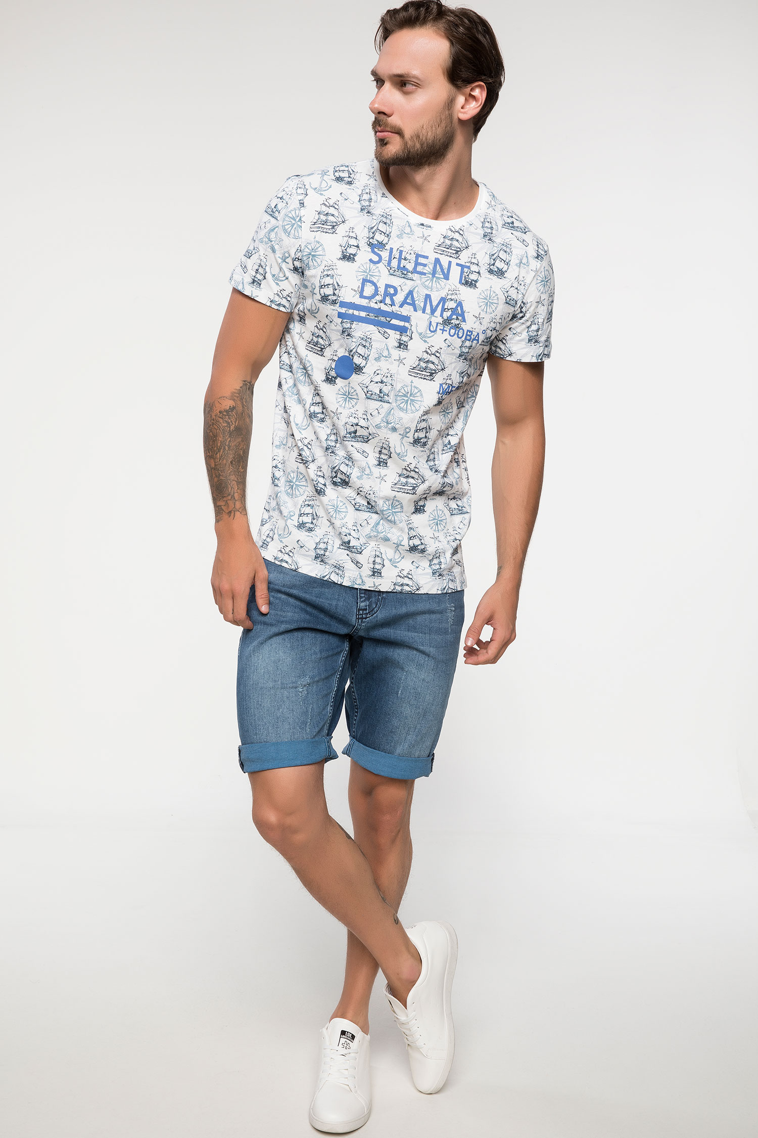 Defacto Yazı Baskılı Marin Desenli T-shirt. 2