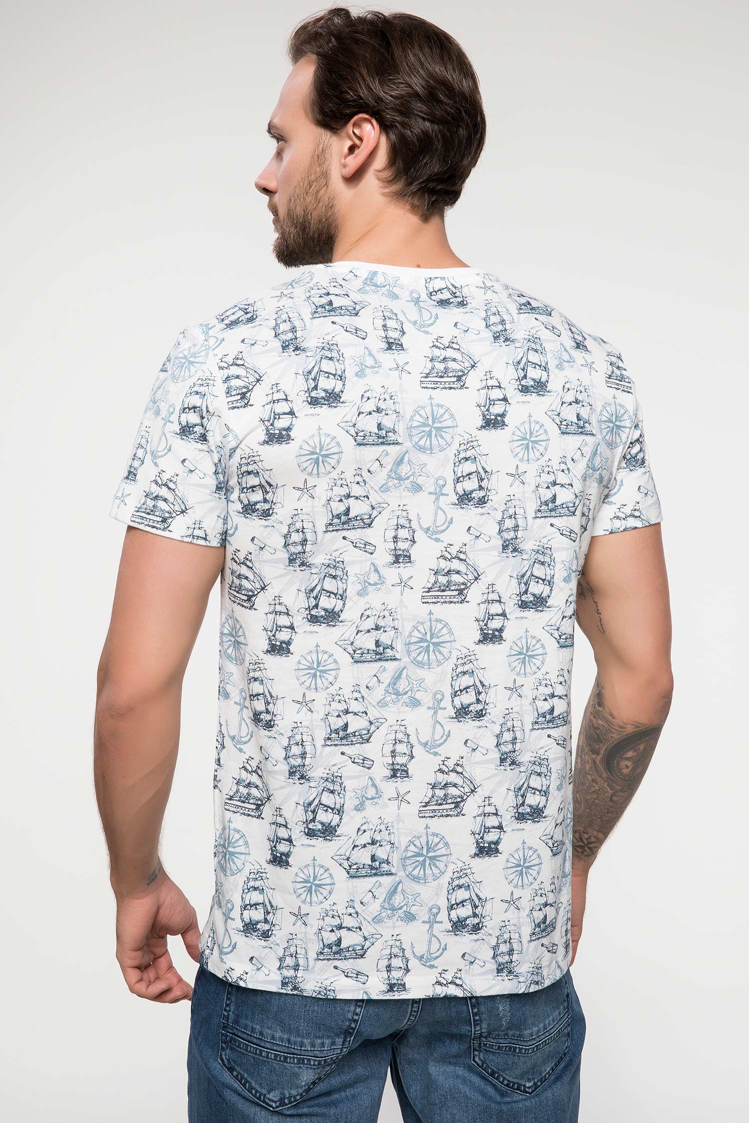Defacto Yazı Baskılı Marin Desenli T-shirt. 3
