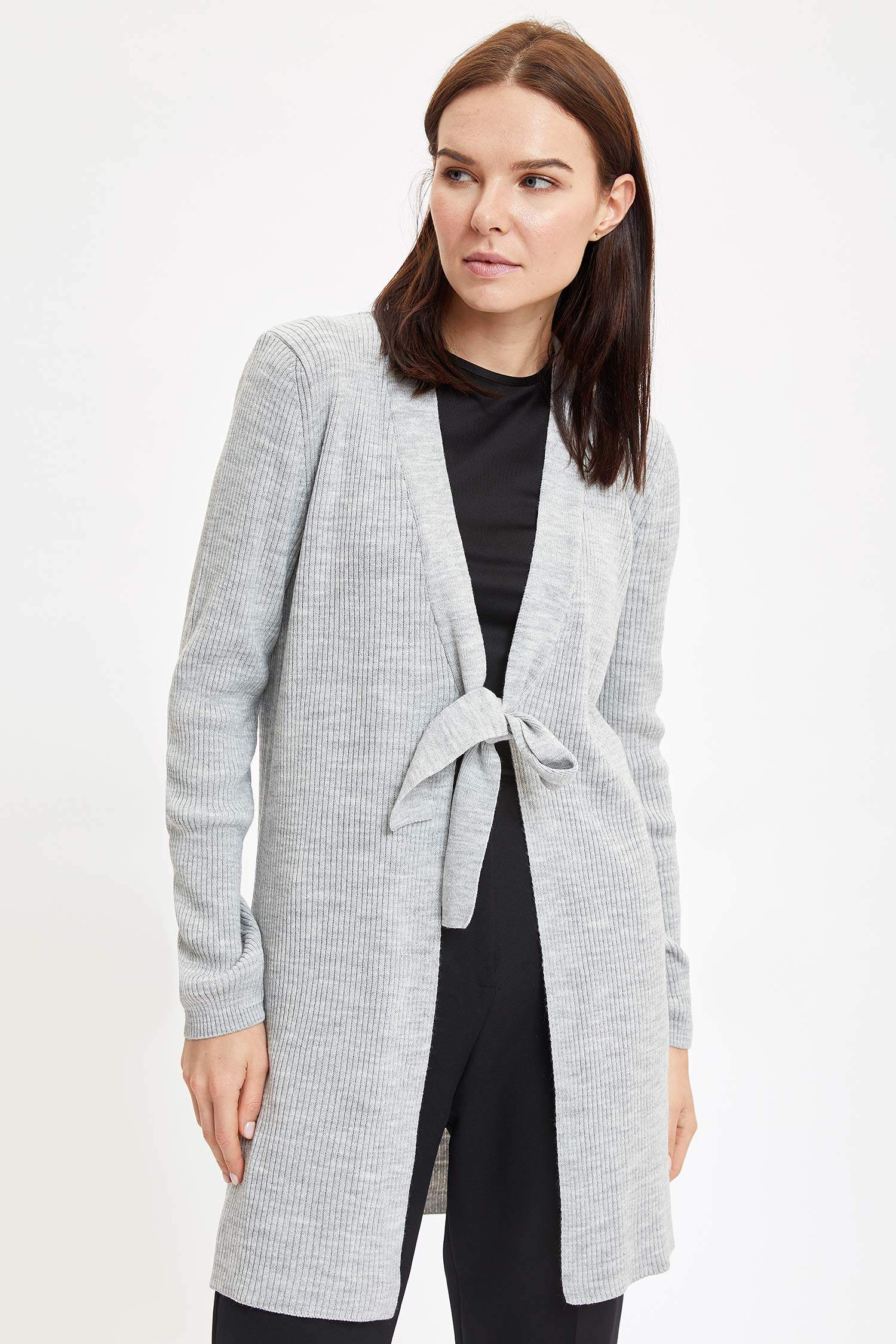 Grey WOMAN Basic Long Sleeve Tie Waist Cardigan 1334902 | DeFacto