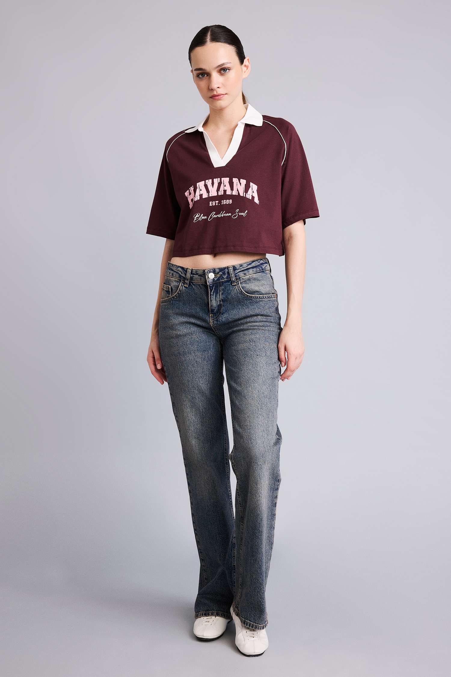 DeFacto %100 Pamuk Oversize Kontrast Baskılı Crop Tişört görsel 2