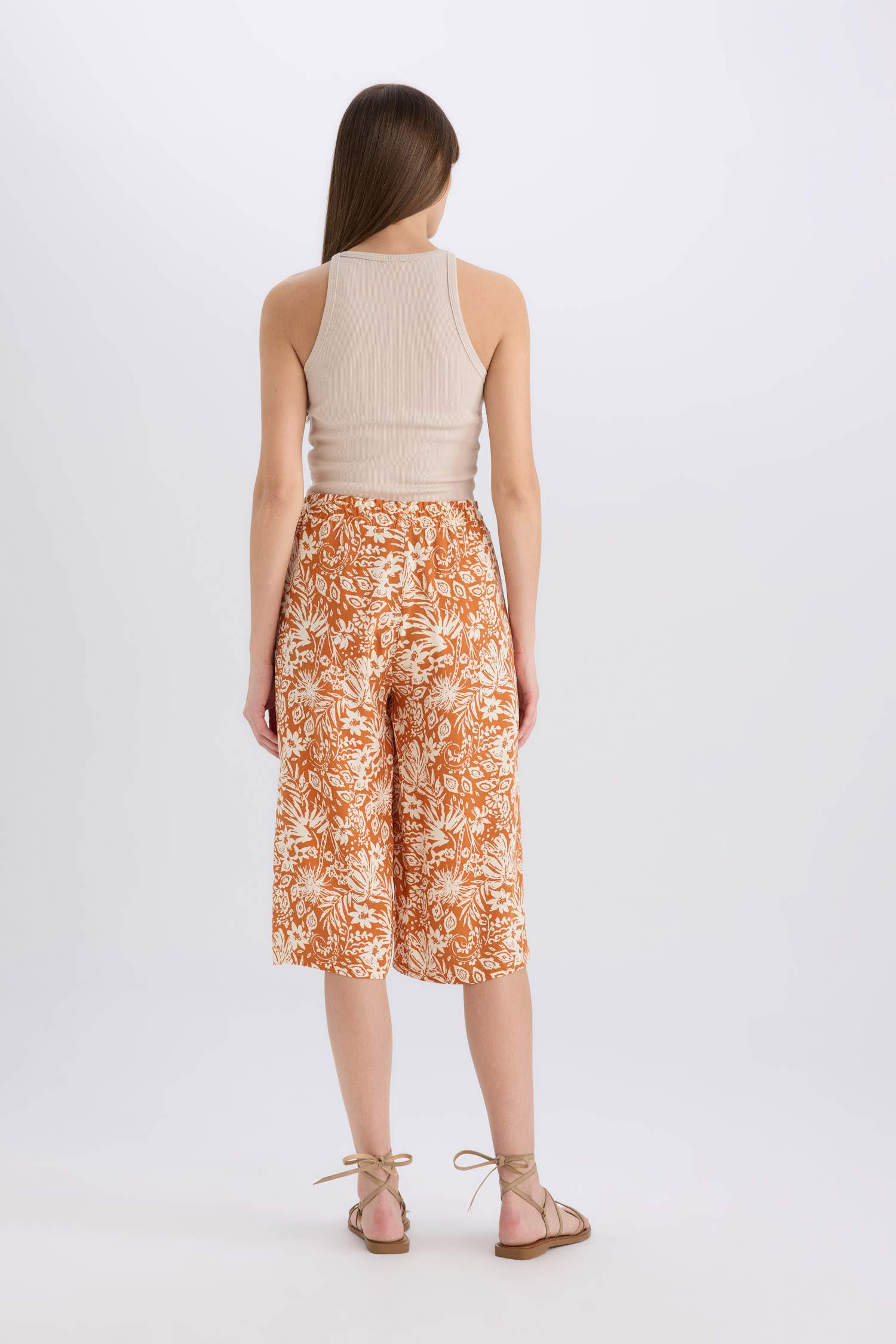 Yüksek Bel Desenli Viskon Kapri