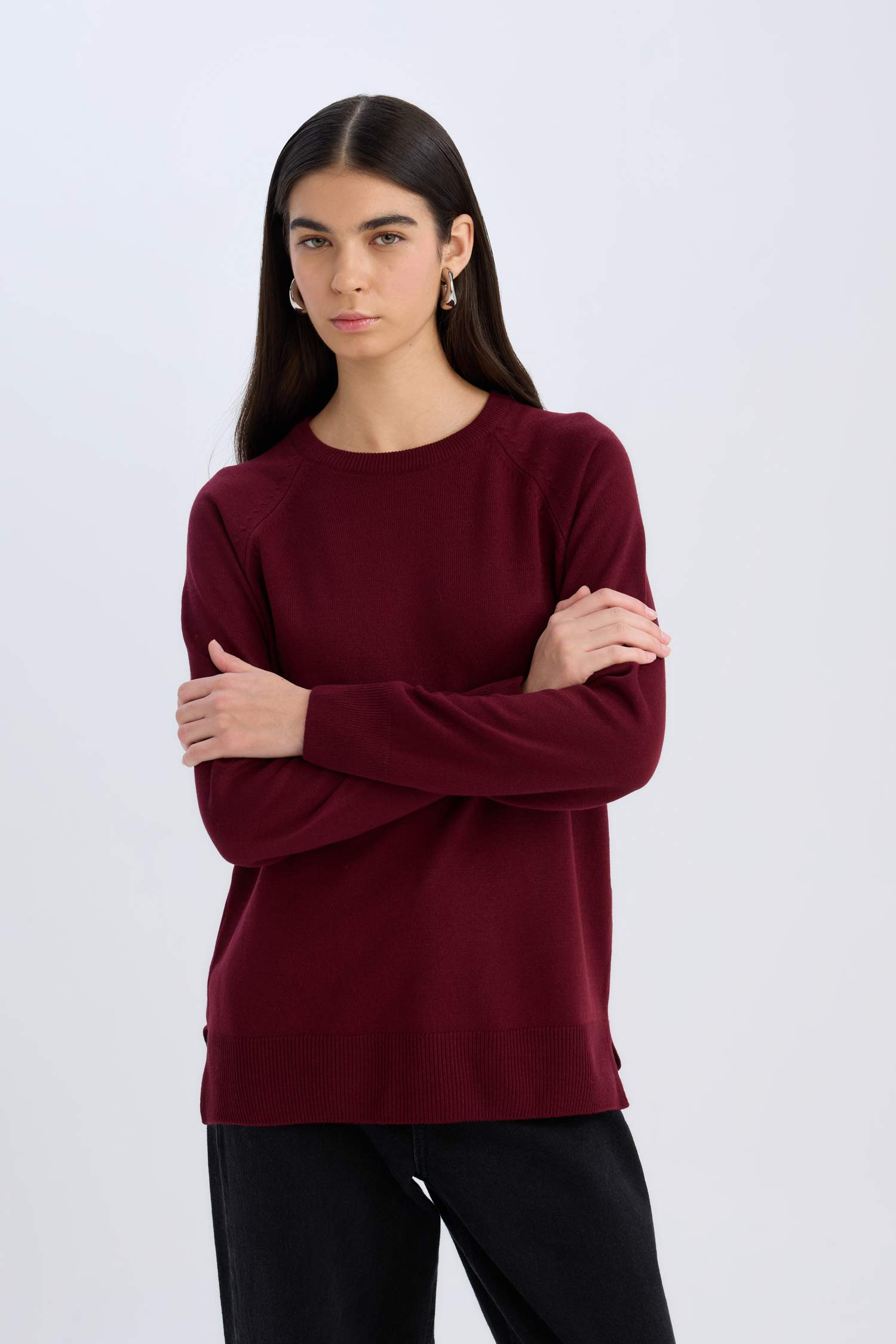 Regular Fit Yumuşak Dokulu Bisiklet Yaka Basic Düz Triko Kazak