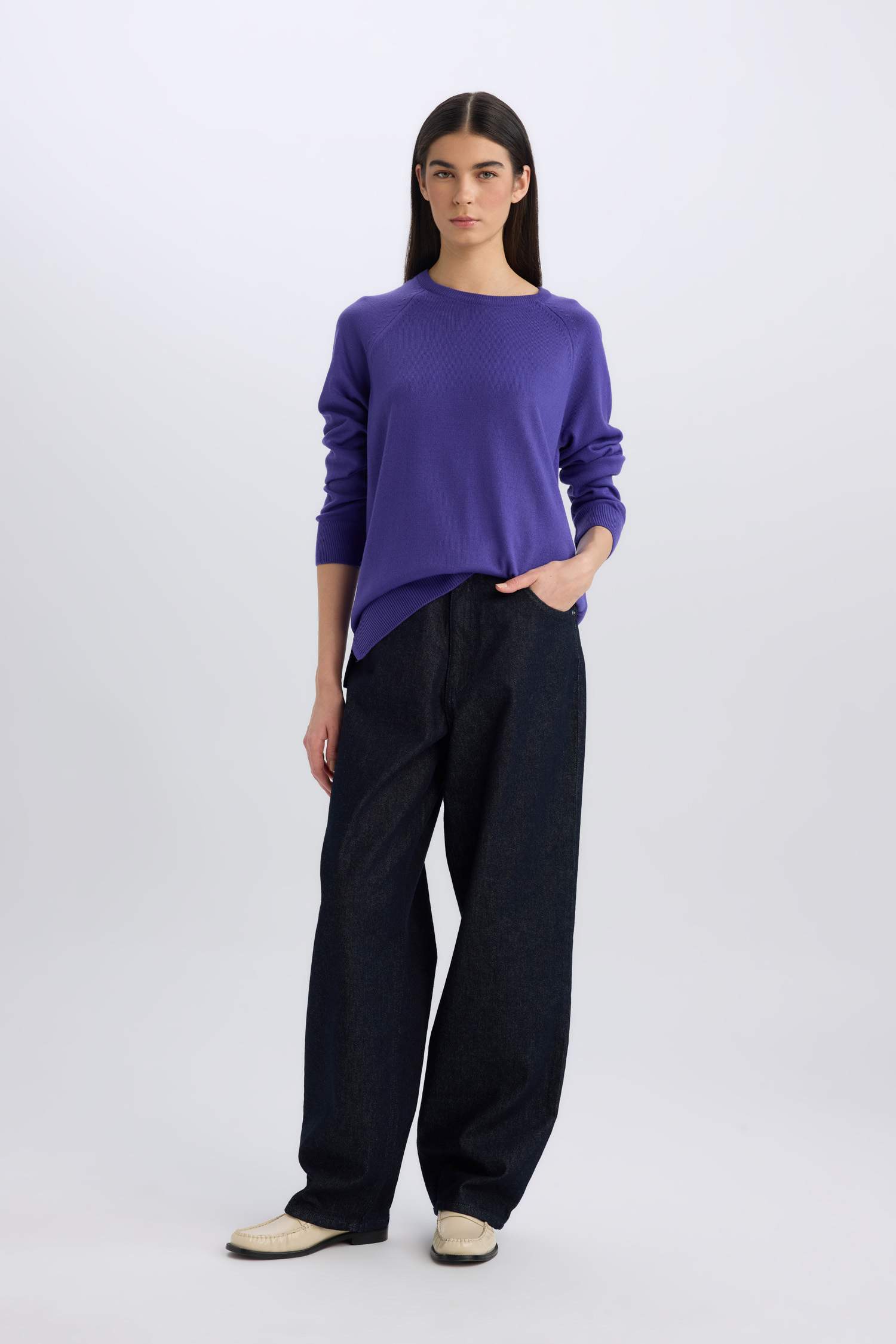 	Regular Fit Yumuşak Dokulu Bisiklet Yaka Basic Düz Triko Kazak