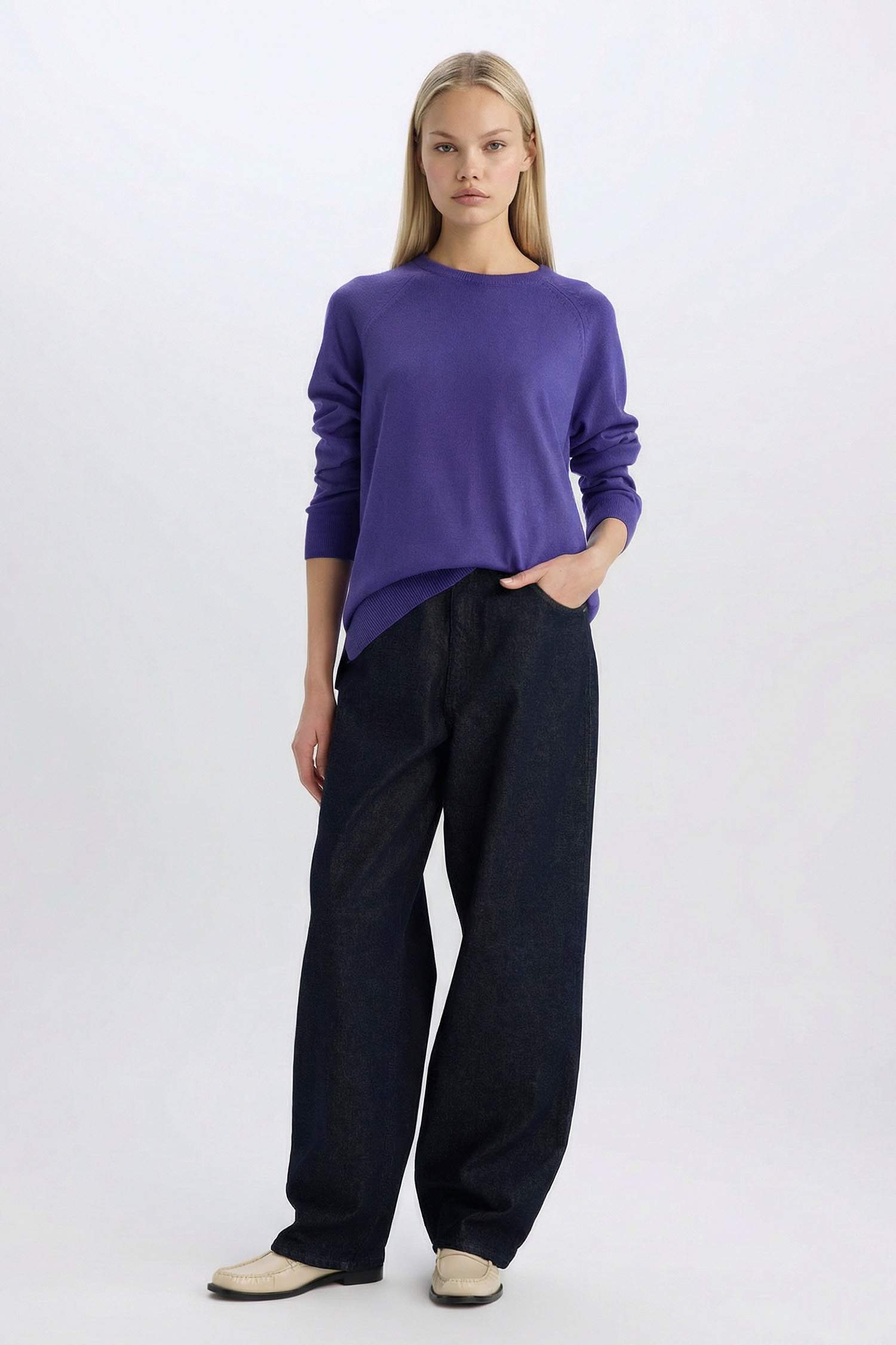 	Regular Fit Yumuşak Dokulu Bisiklet Yaka Basic Düz Triko Kazak