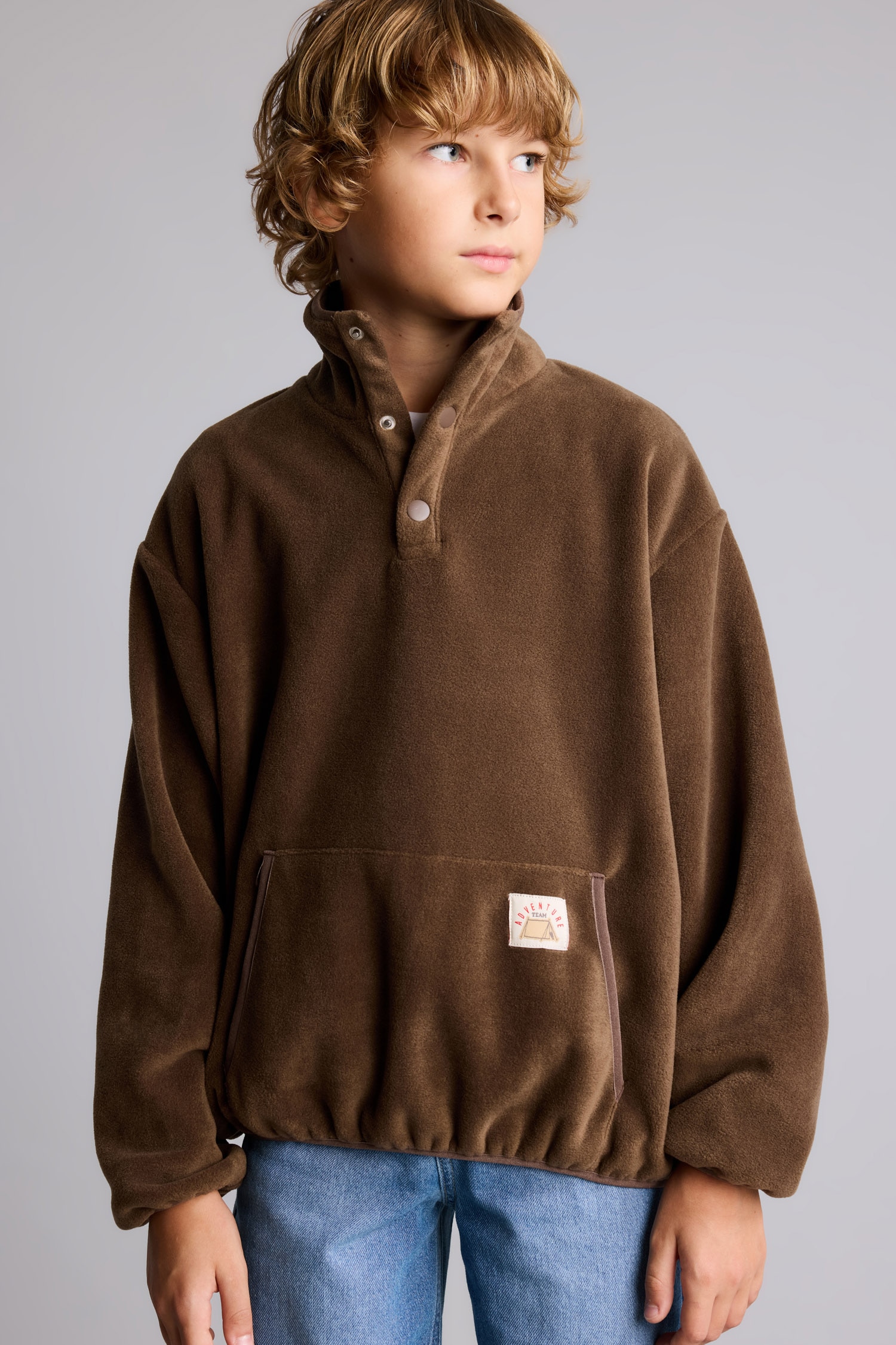 Kahve Erkek Çocuk - Genç Erkek Oversize Çıtçıtlı Polar Basic