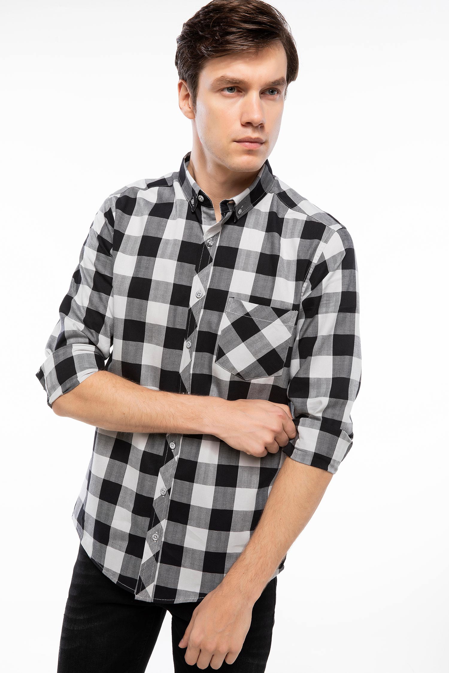 Defacto Slim Fit Tek Cep Kareli Gömlek. 1