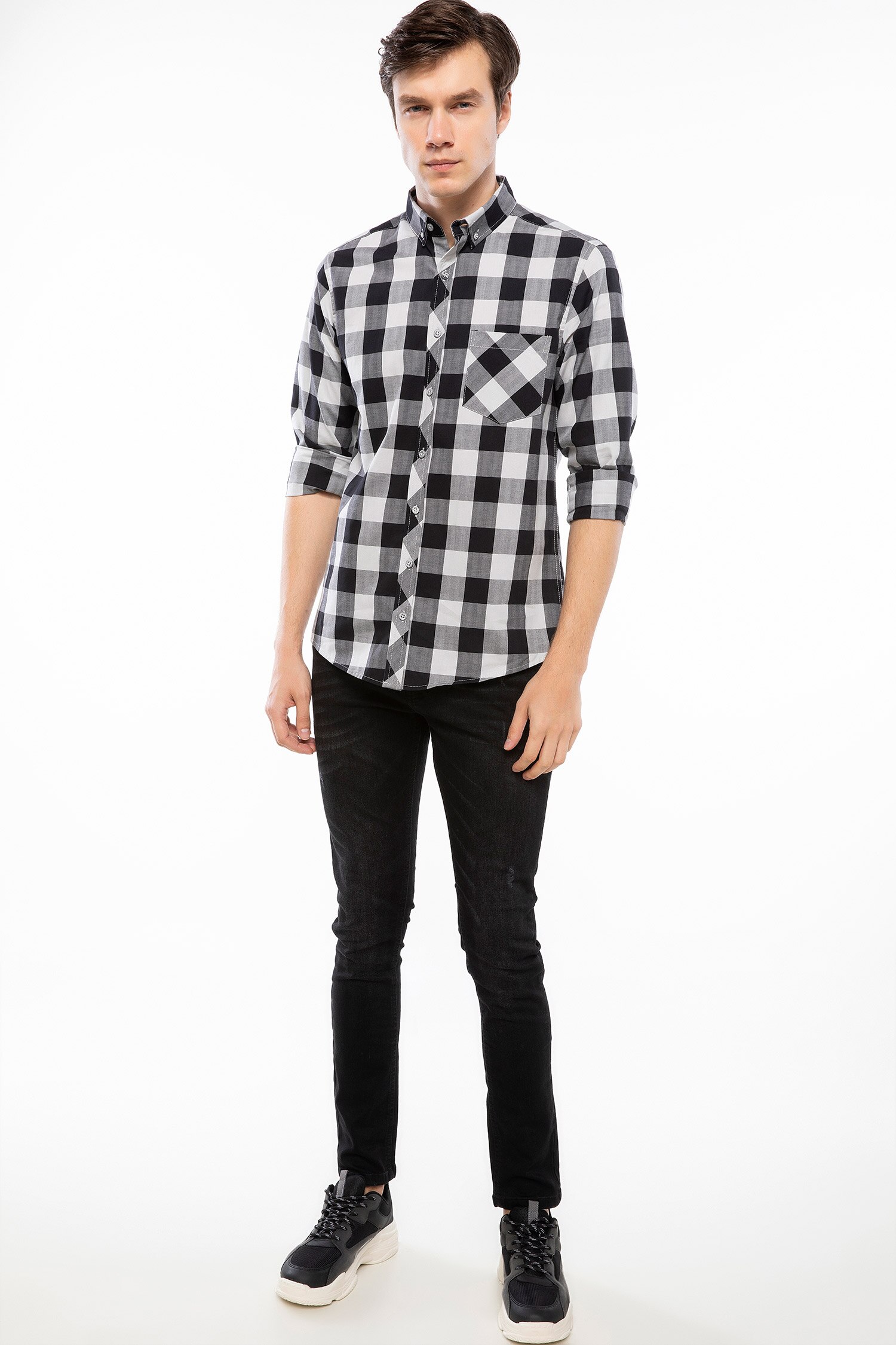 Defacto Slim Fit Tek Cep Kareli Gömlek. 2