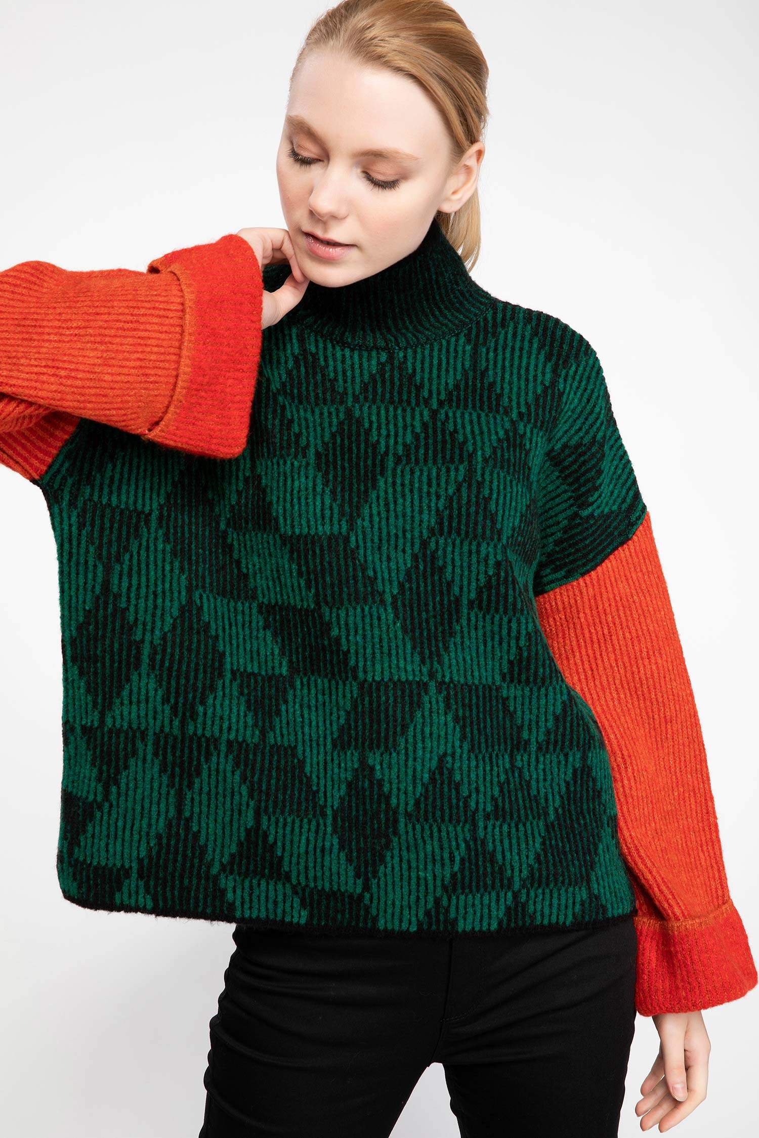 Defacto Balıkçı Yaka Desenli Triko Kazak. 1