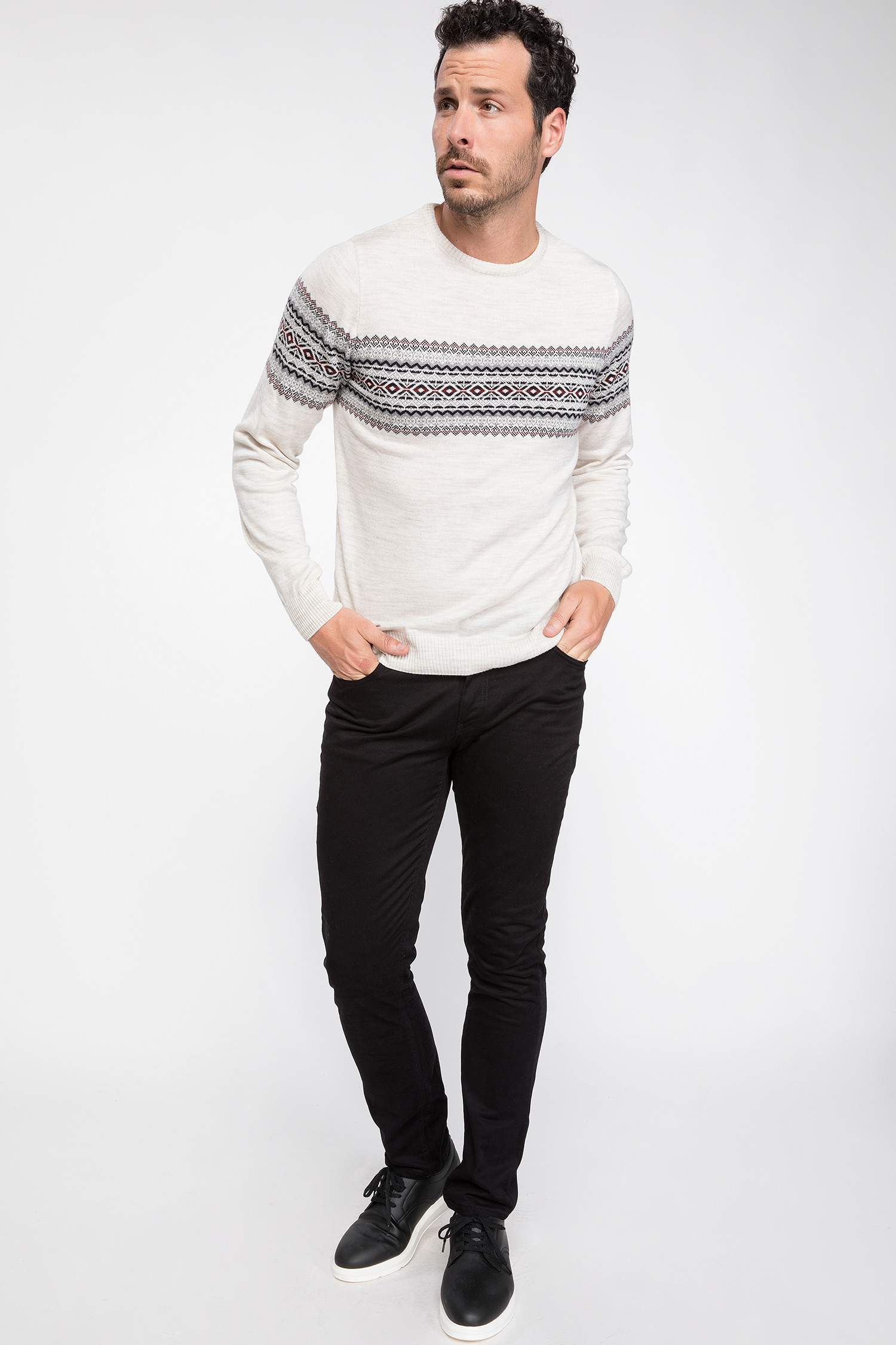 Defacto Etnik Desenli Slim Fit Triko Kazak. 2