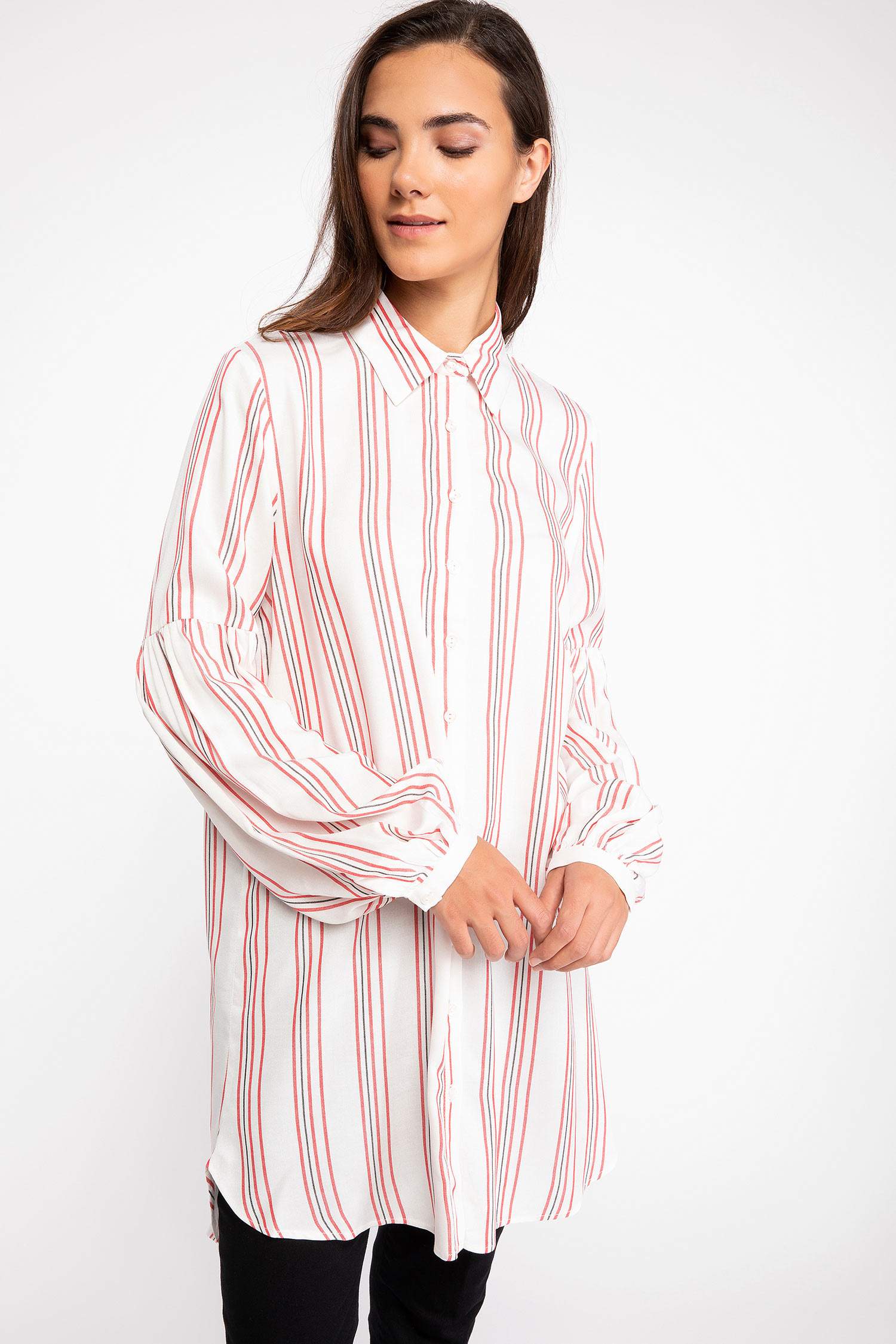 Defacto Balon Kol Detaylı Çizgili Tunik. 3