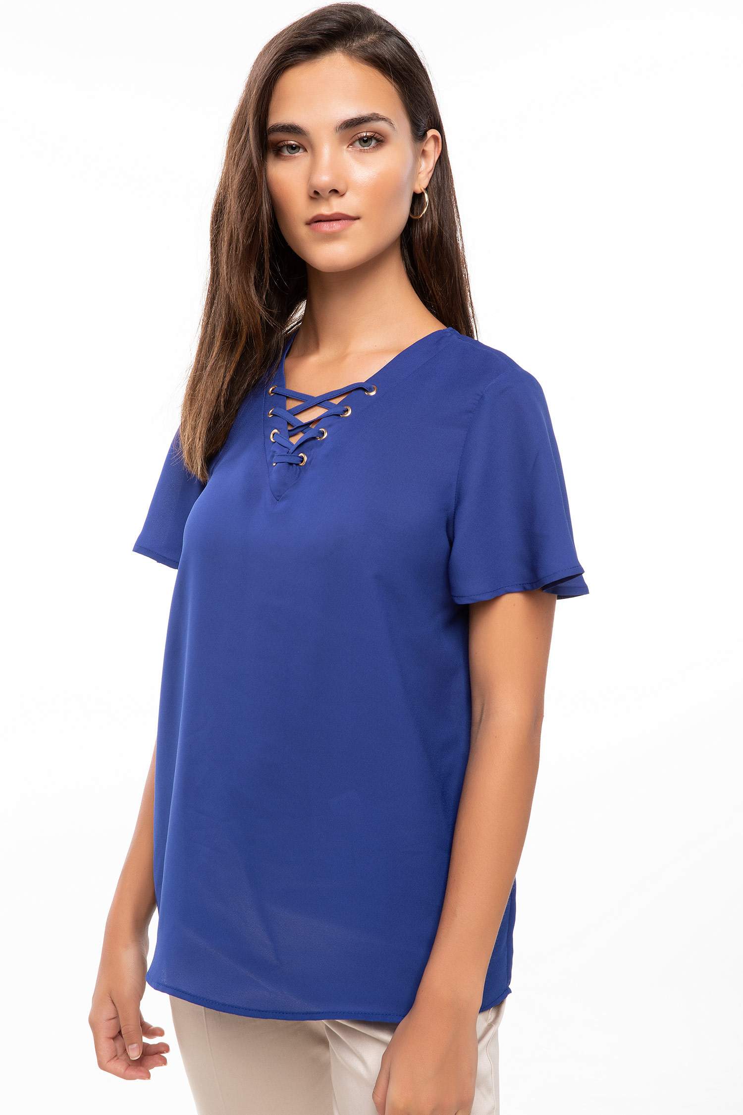 Defacto Yakası Bağlama Detaylı V Yaka Bluz. 4