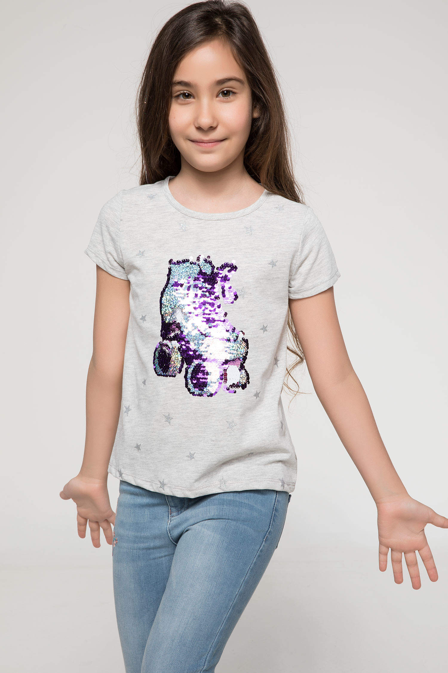 Grey Melange GIRLS & TEENS Sequin Detailed Skate Printed Teen Girl T ...