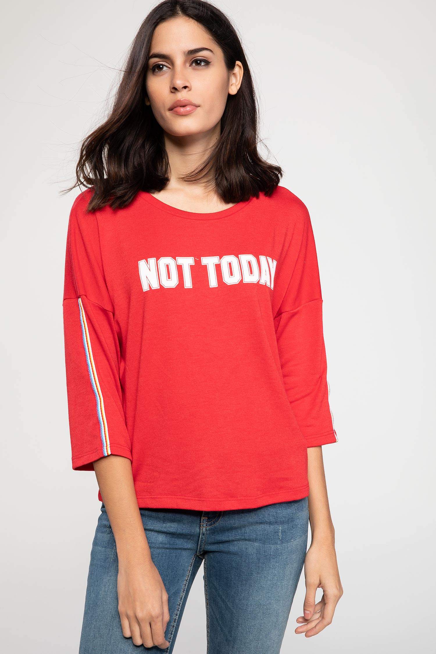 Defacto Kolları Şerit Detaylı Uzun Kollu Baskılı T-shirt. 1