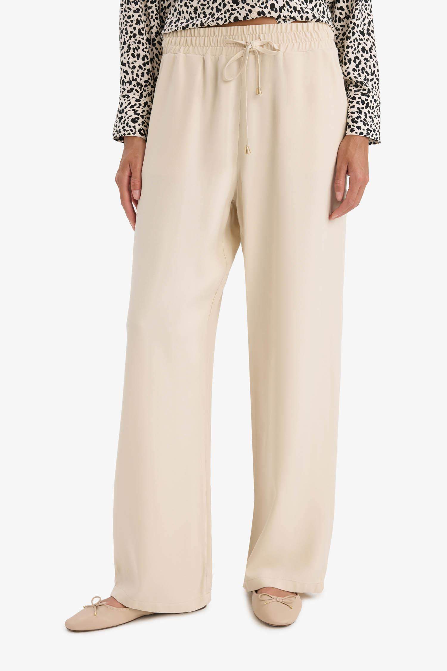 Florida Belmando Kumaş Palazzo Pantolon Cepli Yüksek Bel Geniş Paça