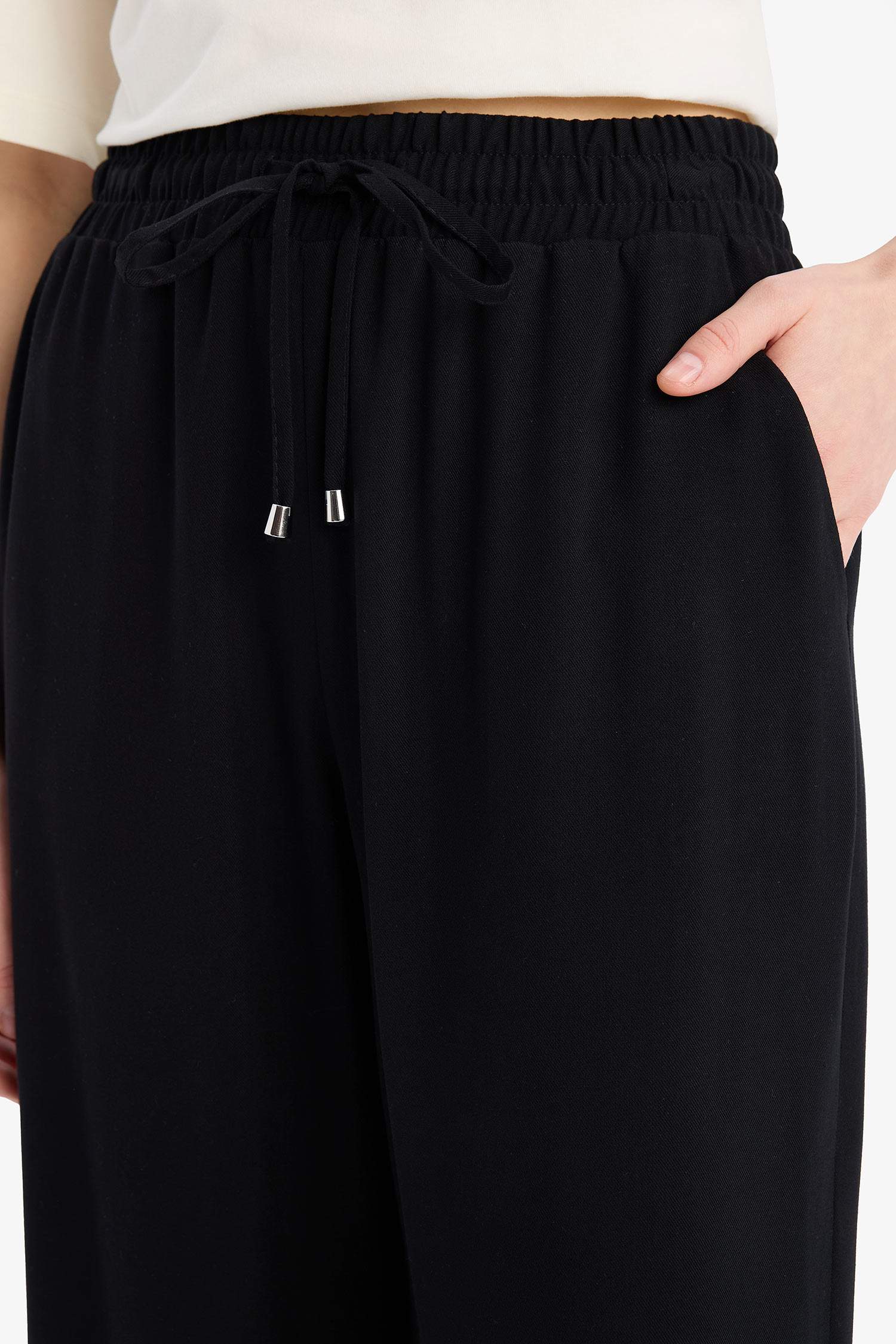 Florida Belmando Kumaş Palazzo Pantolon Cepli Yüksek Bel Geniş Paça