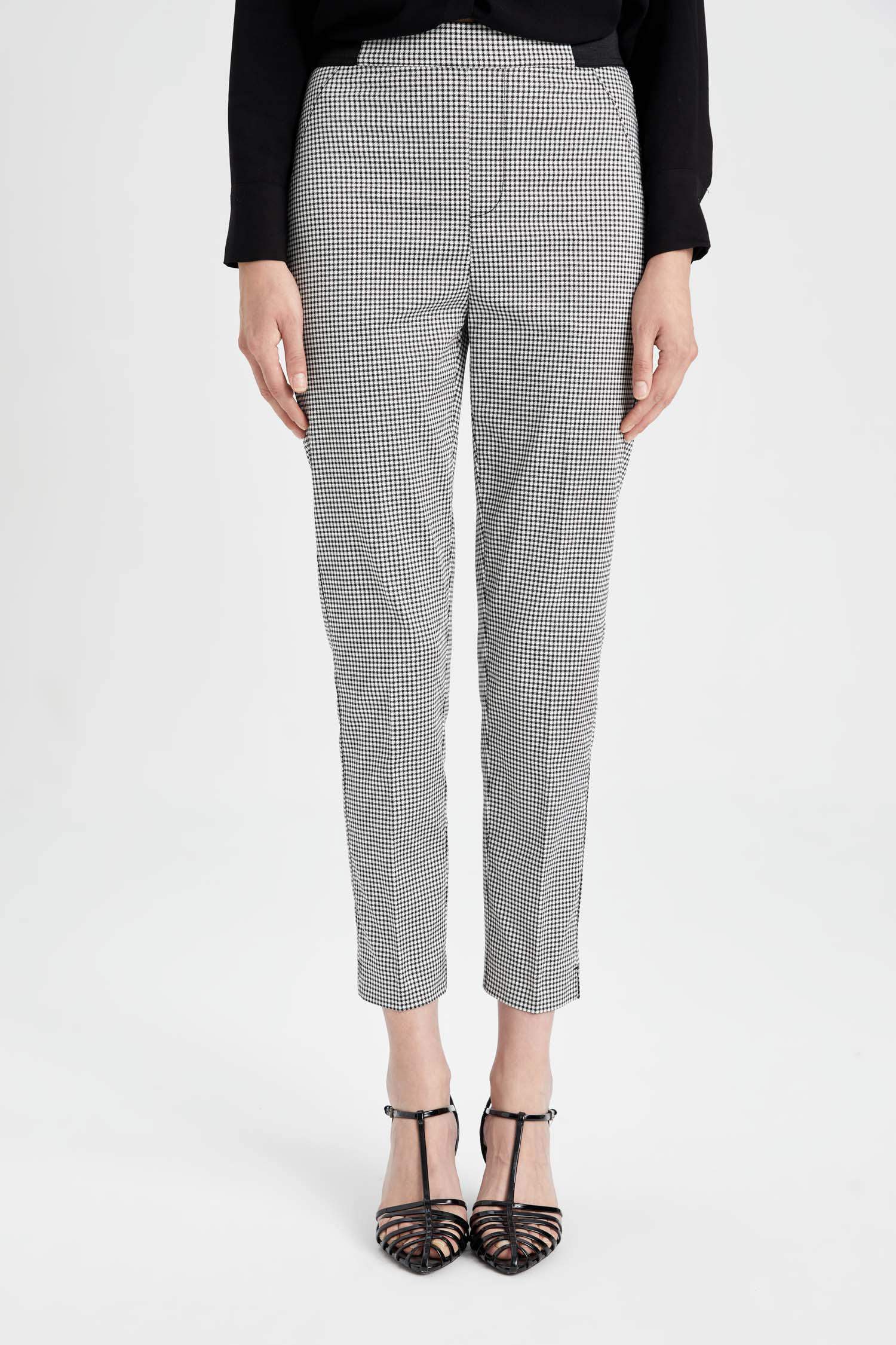 Sigaret Saten Kumaş Pantolon Desenli Normal Bel Beli Lastikli Düz Paça