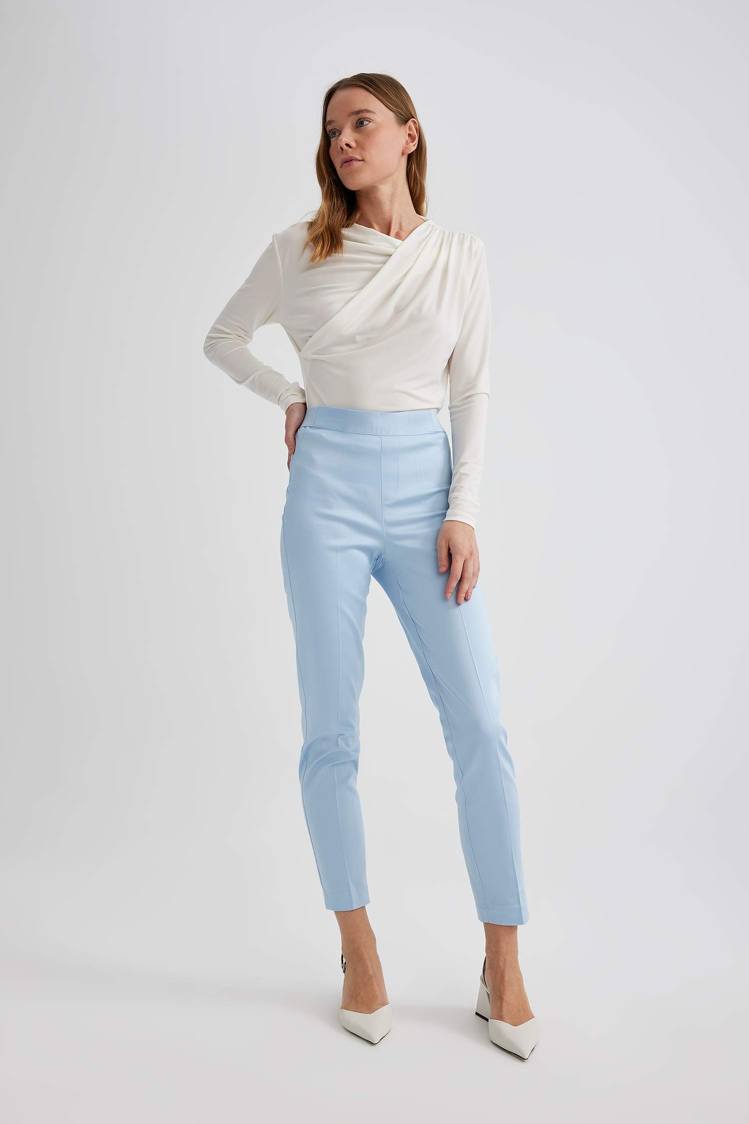 Sigaret Saten Kumaş Pantolon Normal Bel Basic Düz Beli Lastikli Düz Paça