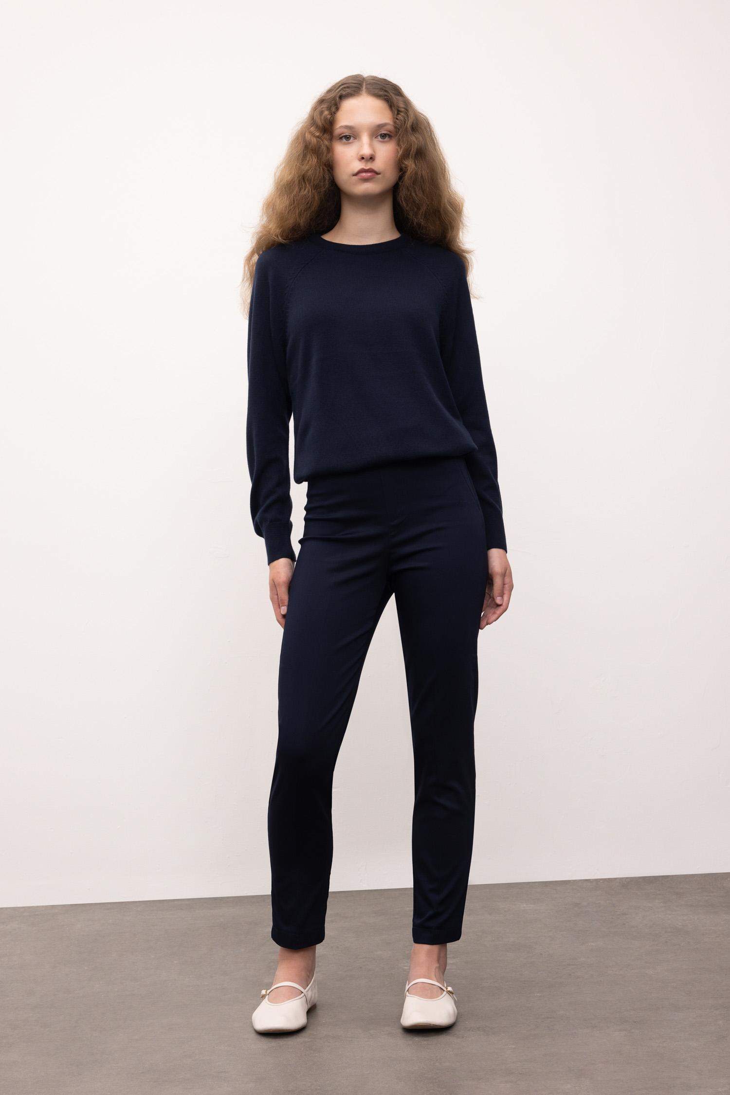 Sigaret Saten Kumaş Pantolon Lacivert Normal Bel Basic Düz Beli Lastikli Düz Paça