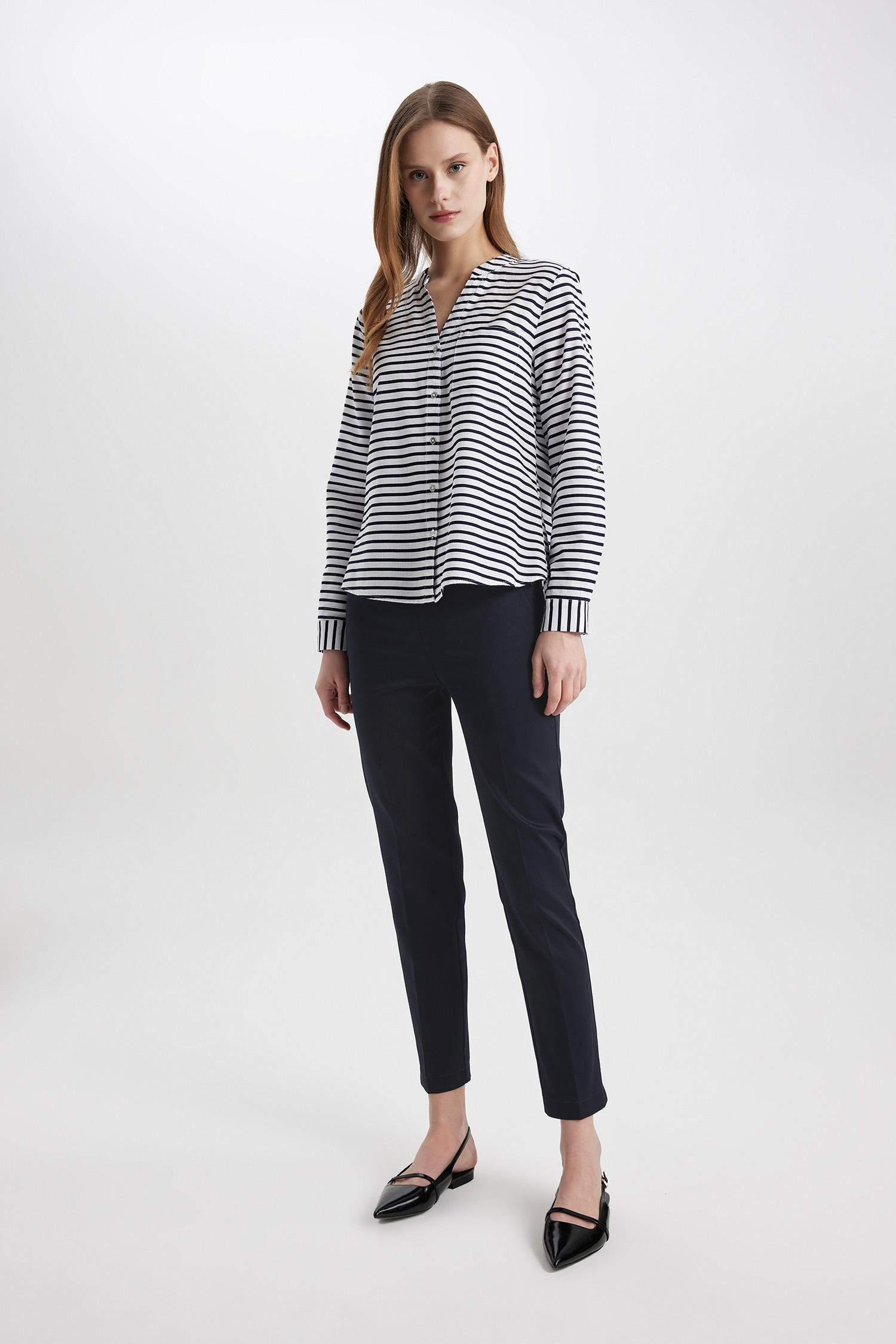 Sigaret Saten Kumaş Pantolon Lacivert Normal Bel Basic Düz Beli Lastikli Düz Paça